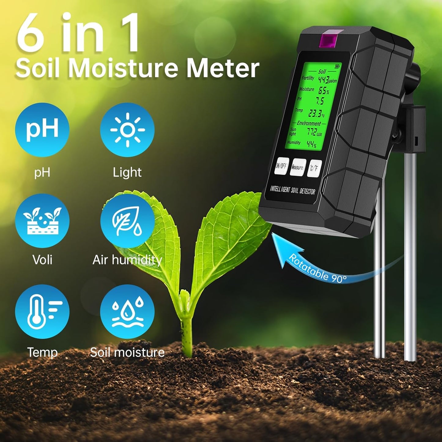 6 in 1 Soil Tester Digital Moisture Meter with Dual Probe, pH/Temperature/Moisture/Sunlight/Air Humidity/Fertility, Soil pH Tester for Farming, Gardening, Lawns and More (2*AAA Battery Needed)