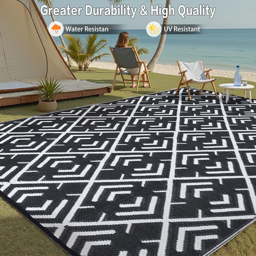 Outdoor Rug Mats, Large Waterproof Outdoor Area Rug, Reversible Portable Outdoor Plastic Straw Carpet for RV Deck Camping Front Door Indoor Outside Porch Picnic (5x8ft Geometric Black&White)