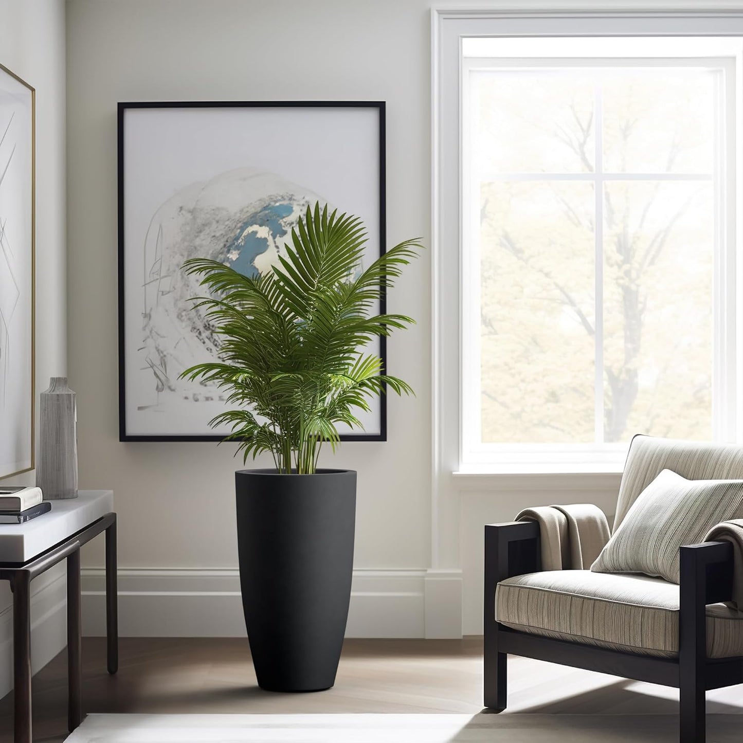 Kante 23.6" H Black Tall Planters (Set of 2), Large Outdoor Indoor Decorative Plant Pots with Drainage Hole and Rubber Plug, Modern Style for Home and Garden