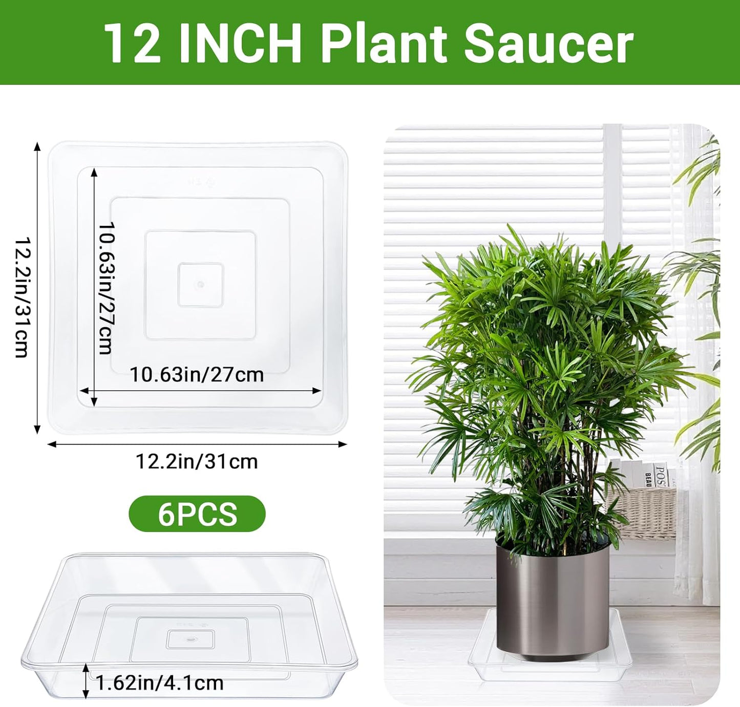 GREANER Clear Plant Plates to Catch Water, 12 Inch Durable Thick Saucer for Flower Pot, Square Plant Saucer Plant Trays for Pots, Flower Pot Saucers to Catch Water Drip Tray(6 Packs)