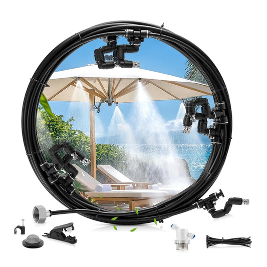 Outdoor Misting Cooling System, 32FT (10M) Misting Line + 8 Adjustable 360° Nozzles + 3/4” Threaded Adapter, Garden, Greenhouse, Misters for Outside Patio