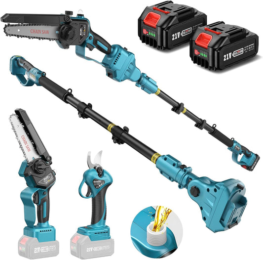 SEESII 4-in-1 Pole Saw & Pruning Shears Combo Kit, 6 Inch Mini Chainsaw for Tree Trimming, Battery Powered Chain Saw with Extension Pole, Limb Branch Cutter Pruner with 2 x 4000mAh Batteries