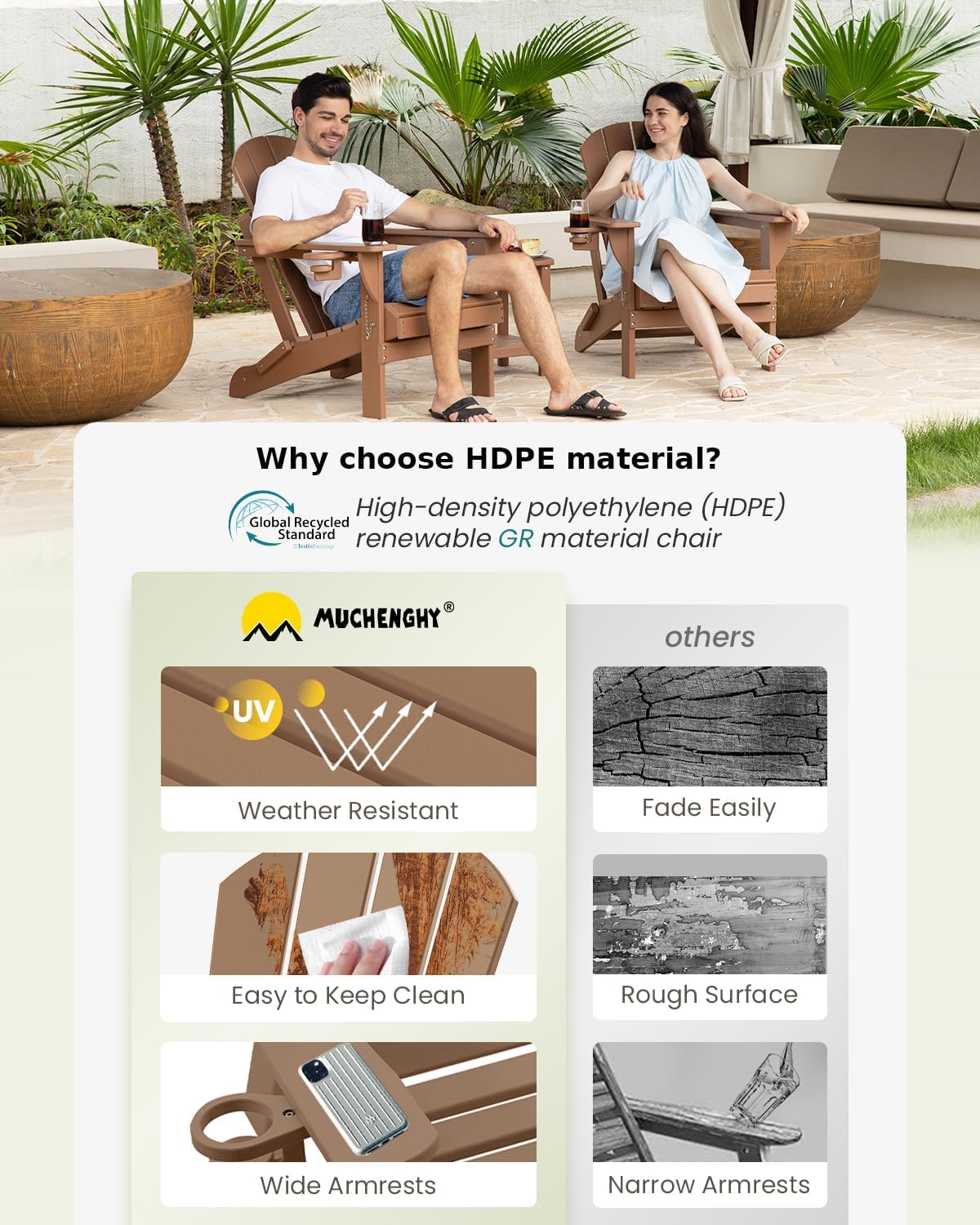 MUCHENGHY Folding Adirondack Chairs 6 Pack, Patio Chairs, Lawn Chairs, Outdoor Chairs, Adirondack Chair Plastic, Fire Pit Chairs, Weather Resistant with Cup Holder for Deck, Backyard, Garden(Teak)