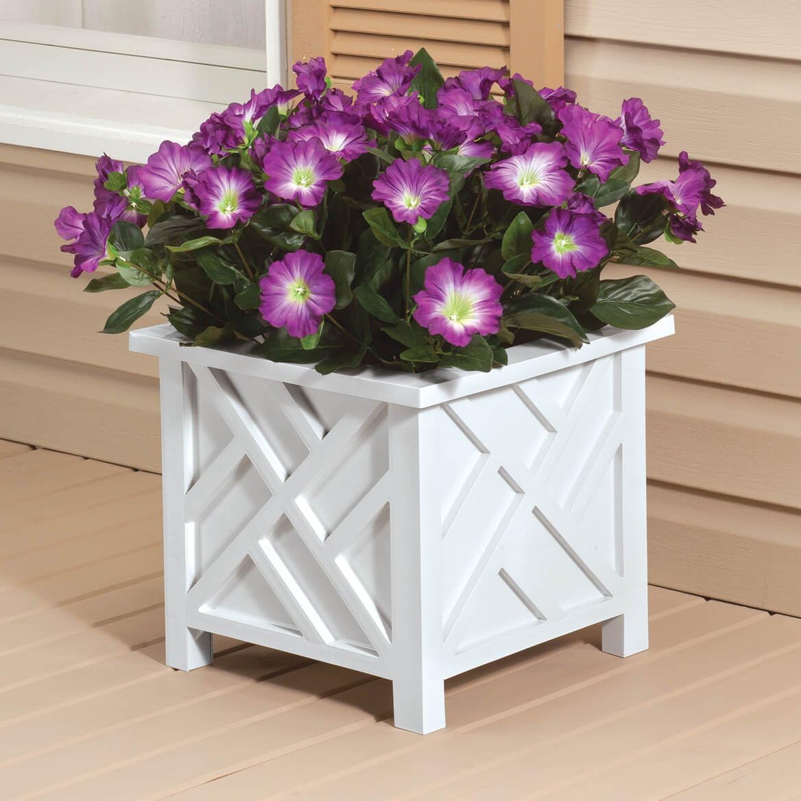Miles Kimball 329156 Chippendale Planter Box, Plant Holder for Patio and Lawn, 14 ¾” sq. x 13 ¼ H Overall, White
