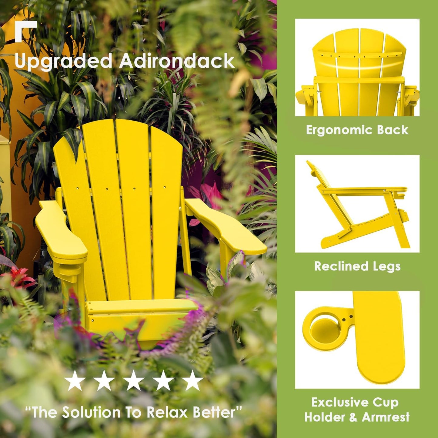 GREENVINES Folding-Adirondack-Chairs-Set-of-2 | HDPE Plastic | Fire Pit Chair | All Weather | Cup Holder | Yellow | for Deck Backyard Patio Outdoor Garden