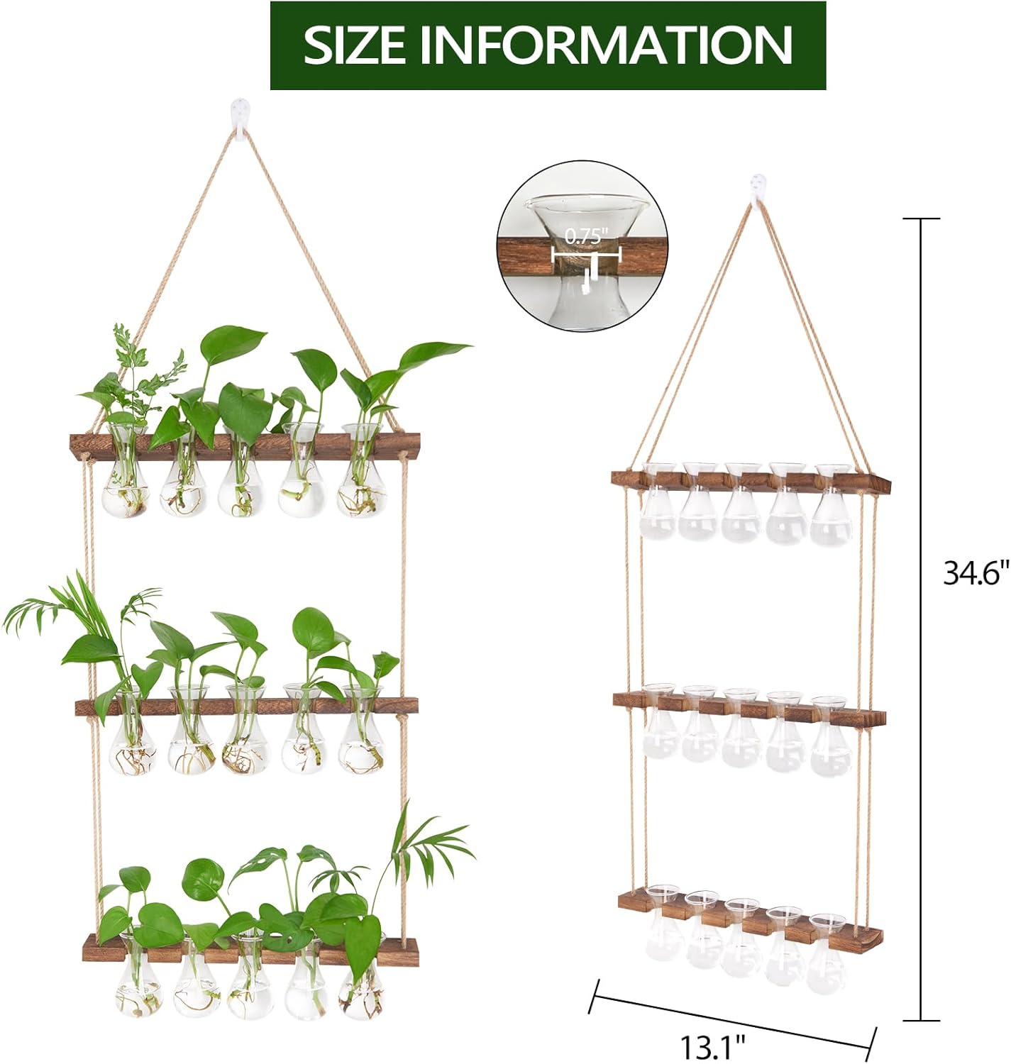 XXXFLOWER Wall Hanging Propagation Station with Wooden Stand 5 Bulb Vase 3 Tiered Planters Wall Terrarium for Home Office Plant Hanger Flower Vases Wall Decor(Brown)