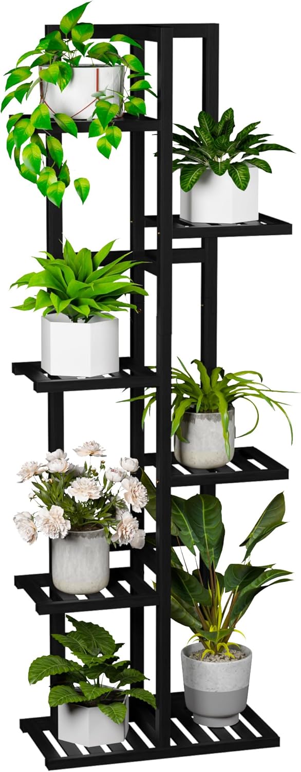 6 Tier Bamboo Plant Stand Indoor, Wood Tall Flower Holder Corner Tiered Plant Shelf for Multiple Plants (Black)