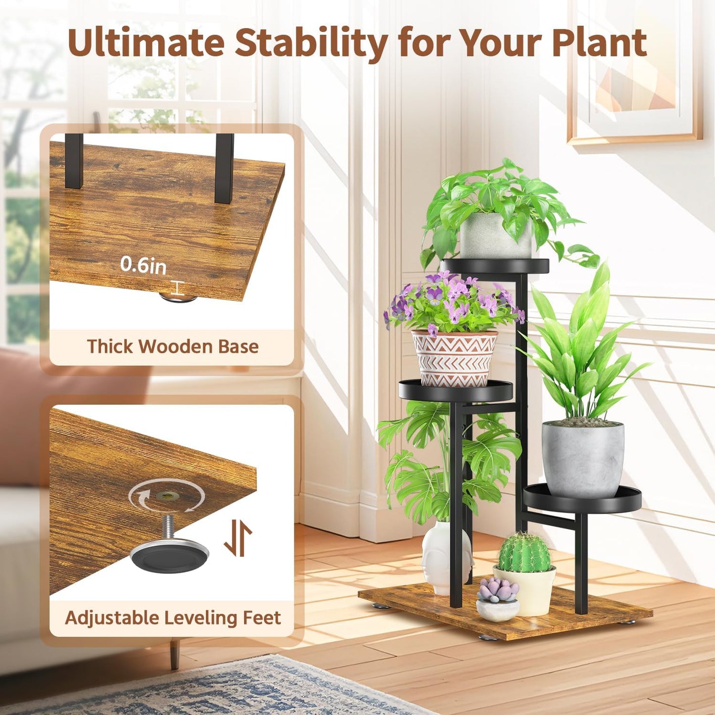 LASZOLA Black 3 Tier Plant Stand Indoor Heavy Duty Rack for Modern House Planter, Metal and Wooden Vertical Organizer Decor Narrow Bathroom Floor, Sturdy Multi Level Flower Holder Raised, Cat Proof