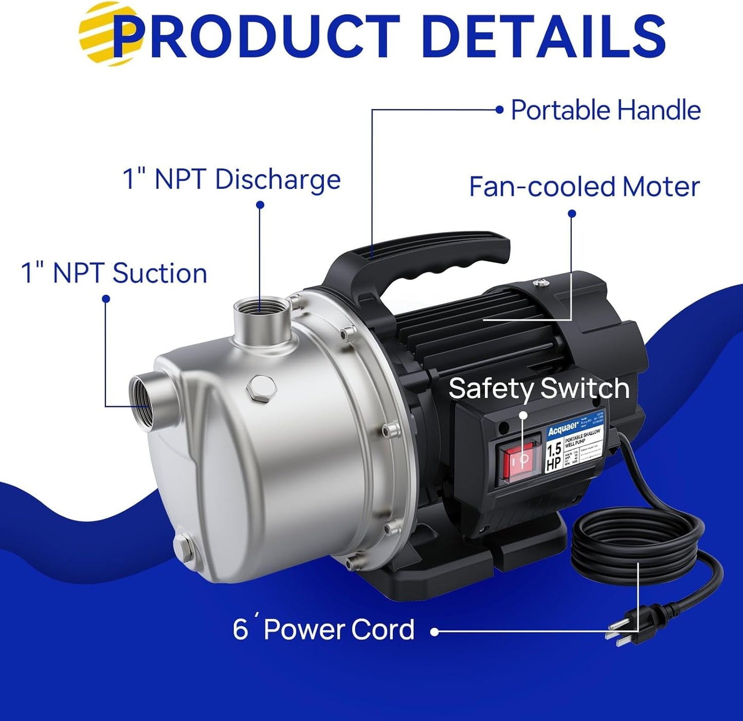 Acquaer 1.5 HP Portable Shallow Well Pump Garden Pump, Stainless Steel, 1210 GPH, 115V Sprinkler Water Transfer Draining Irrigation for Water Removal and Lawn Garden