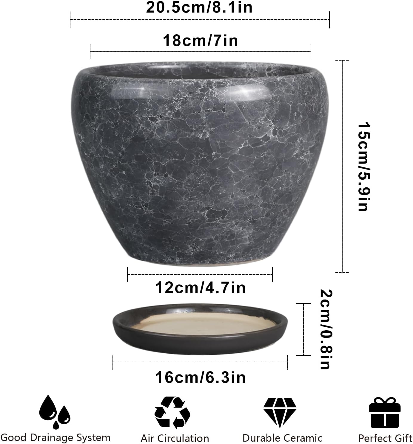 8 Inch Plant Pot - Ceramic Planter Pot with Drainage Hole and Saucer, Glaze Garden Pot Modern Flower Pot for Indoor Plants, Gray