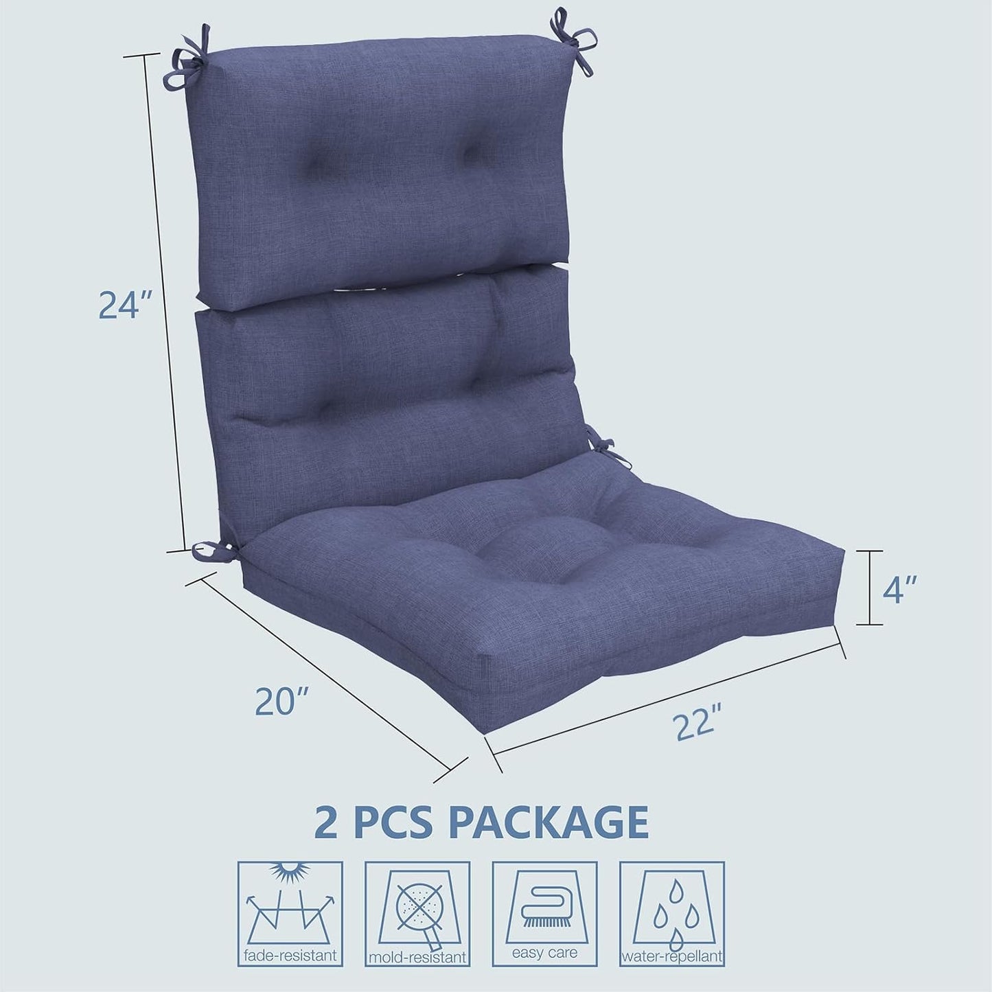 LVTXIII Patio Tufted High Back Seat Cushion Set of 2 Outdoor Rocking Chair Cushions, Replacement Adirondack Chair Cushion with Ties for Garden Balcony Chairs Use, 44” L x 22” W, Navy Textured