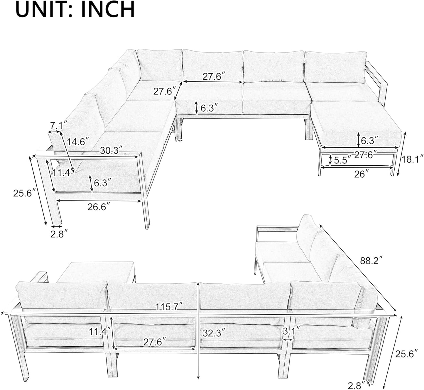 Multi-Person Outdoor Sofa Set, U-Shaped Aluminum Outdoor Sofa Set with Thick Cushions and Backrests, Modular Patio Sofa Set for Gardens, Backyards, and Balconies (White * 069)