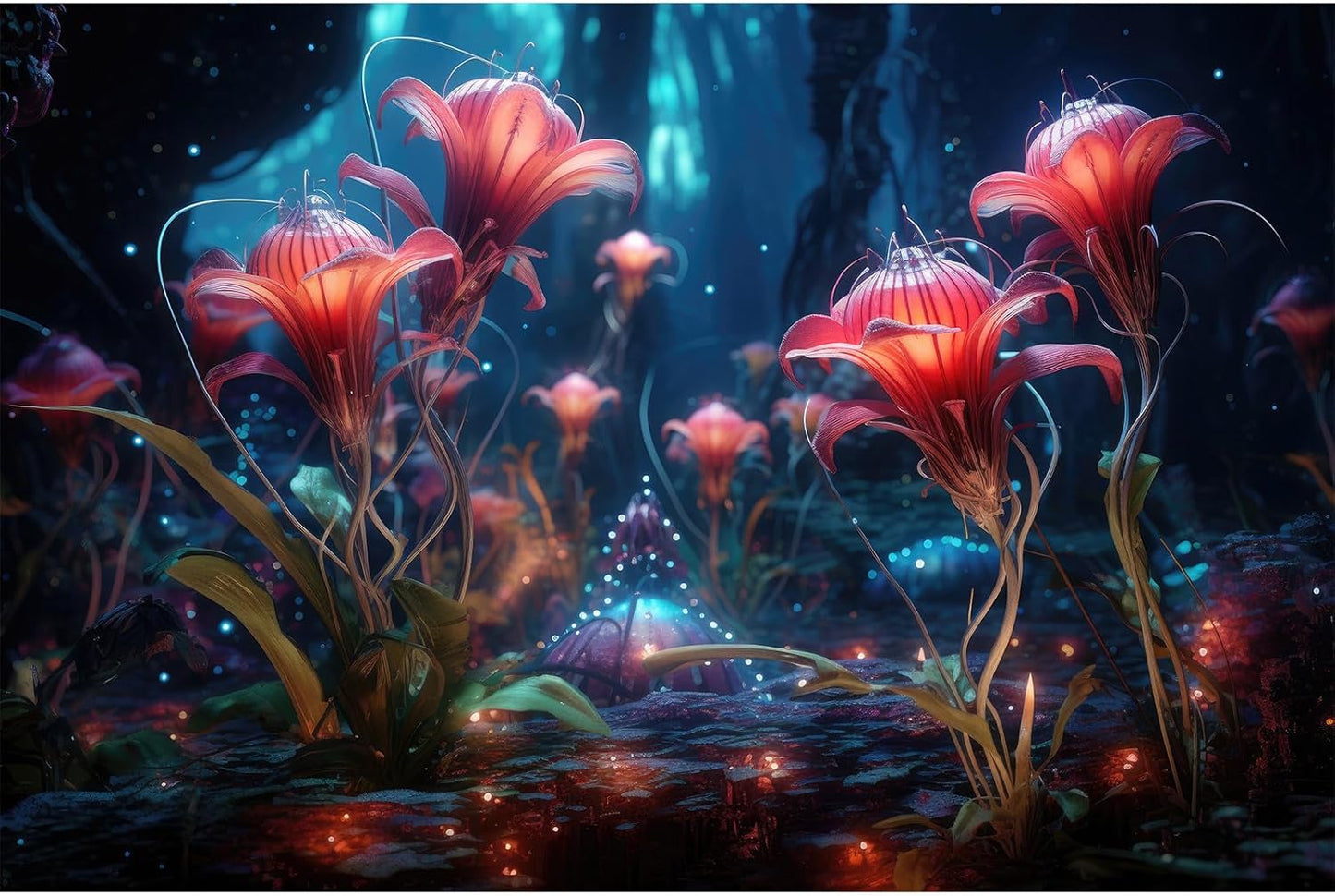 Aquarium Background Beautiful Red Translucent Flowers Terrarium Background Abstract Fantasy Plants Underwater World Tank Poster Glowing Flowers Foggy Forest Fish Tank Background Decors Vinyl 36x24in