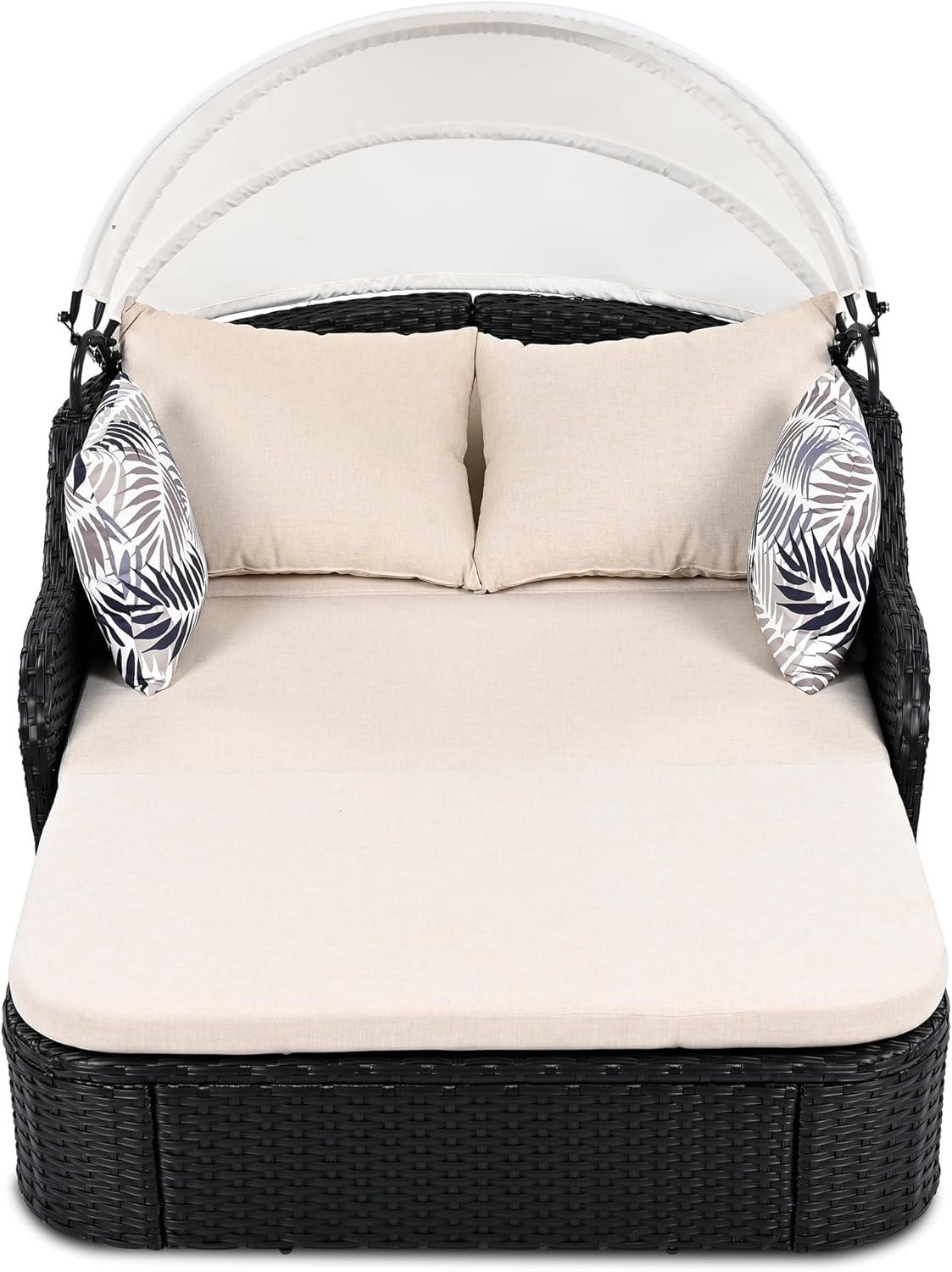 kevinplus Outdoor Patio Sunbed Daybed Double Lounge with Adjustable Canopy for Garden Backyard Pool, PE Rattan Wicker Material & Moveable Cushion Cover, Beige