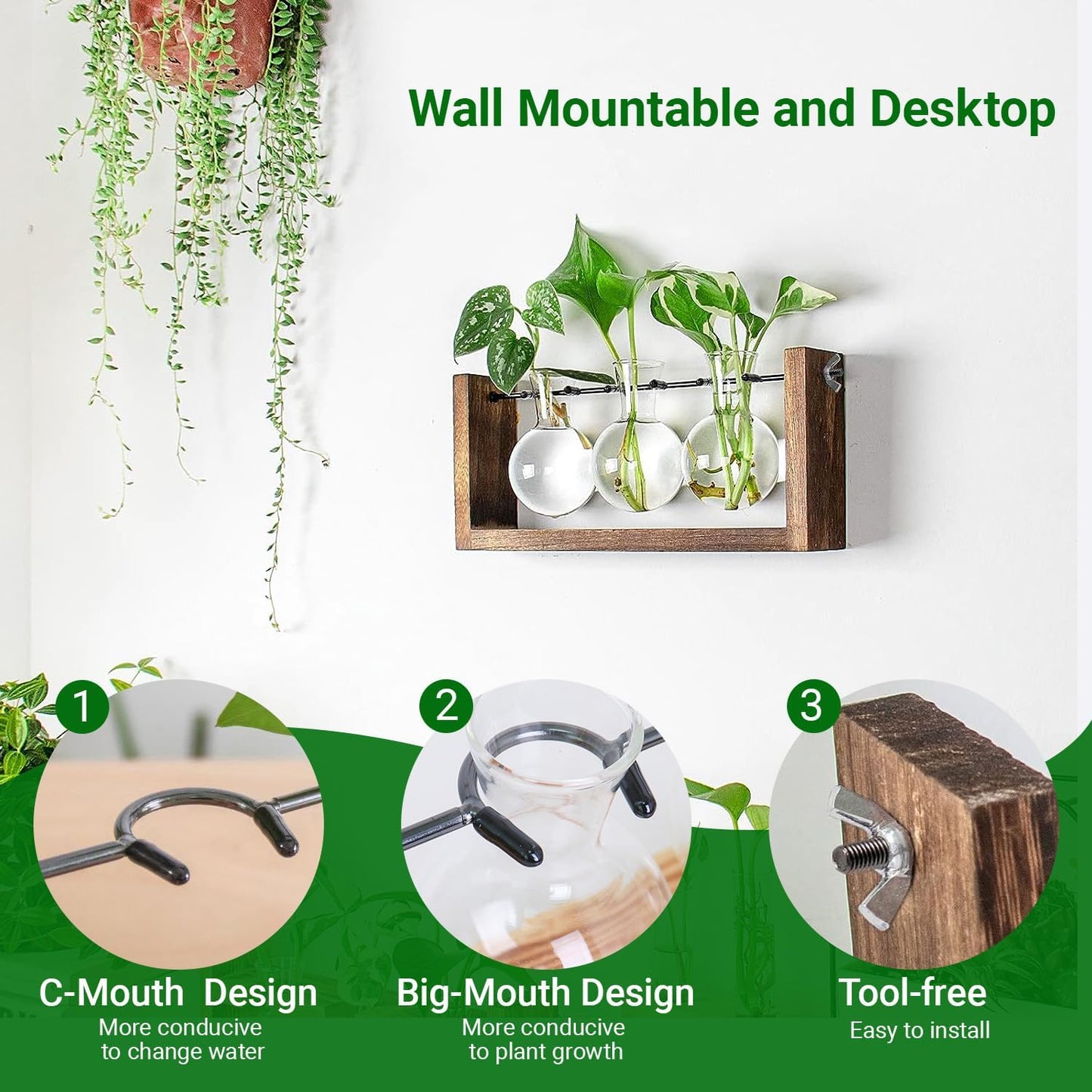 Ivolador Wall Hanging Plant Propagation Station,Bulb Plant Terrarium with Wooden Stand,Unique Gardening Gifts for Women Plant Lovers,Hydroponic Indoor Planter Home Office Decor-3 Bulb Glass Vases