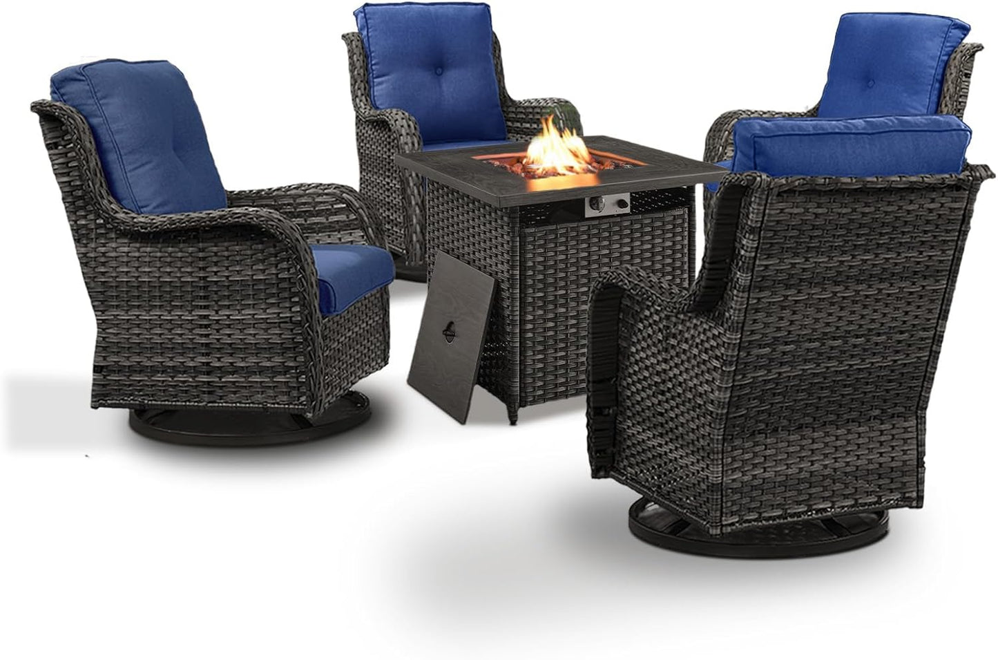 5 Pieces Patio Wicker Furniture Set - 4 Outdoor Swivel Rocker Glider Chairs with 50000BTU Propane Fire Pit Table, Warm Patio Conversation Set Blue Cushion Perfect for Casual Gathering
