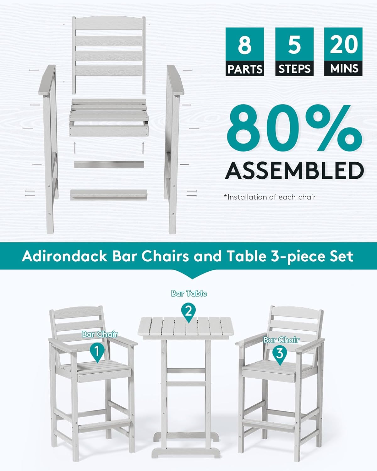 SERWALL Tall Adirondack Bar Chairs and Table 3 Pieces Set, Adirondack Bar Height Chairs Set of 2 and Bar Table, Outdoor Bar Stools Set for Bistro, Poolside, Backyard, White