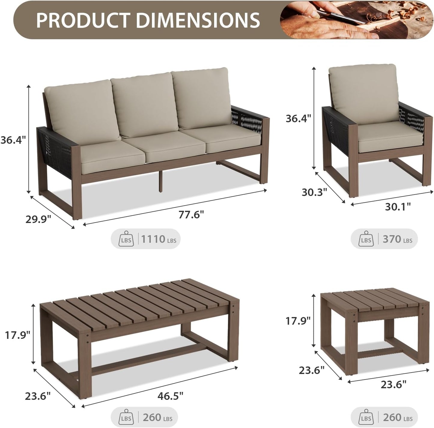 EAGLE PEAK Natural Wood Outdoor Patio Furniture, Cedar Furniture, Conversation Set, Outdoor Seating for Deck Patio Porch, Sofa 2 Chairs, Coffee Table & Side Table, 5 Pieces, Brown/Beige
