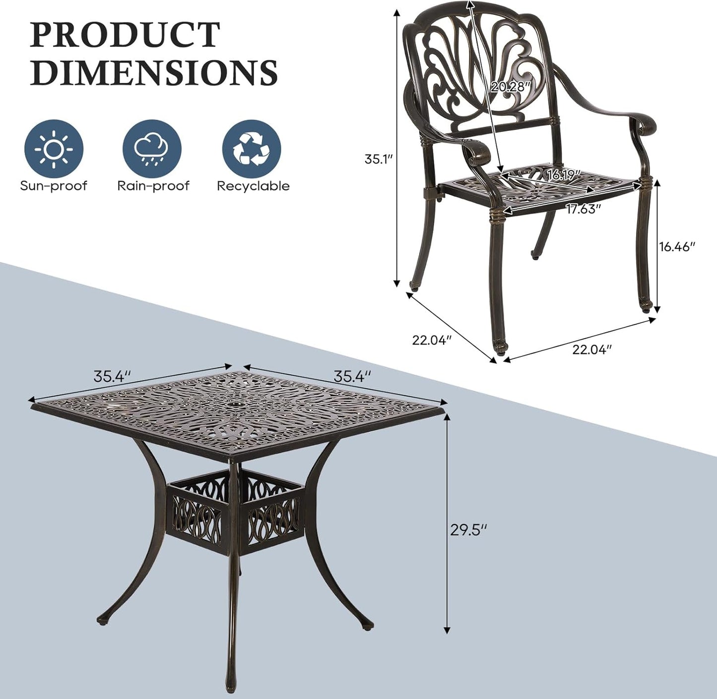 Cast Aluminum Outdoor Patio Dining Set, All Weather Outdoor Furniture Dining Set for Patio, Balcony, Lawn, Garden, Backyard (1 Square Table+ 4 Dining Chairs)