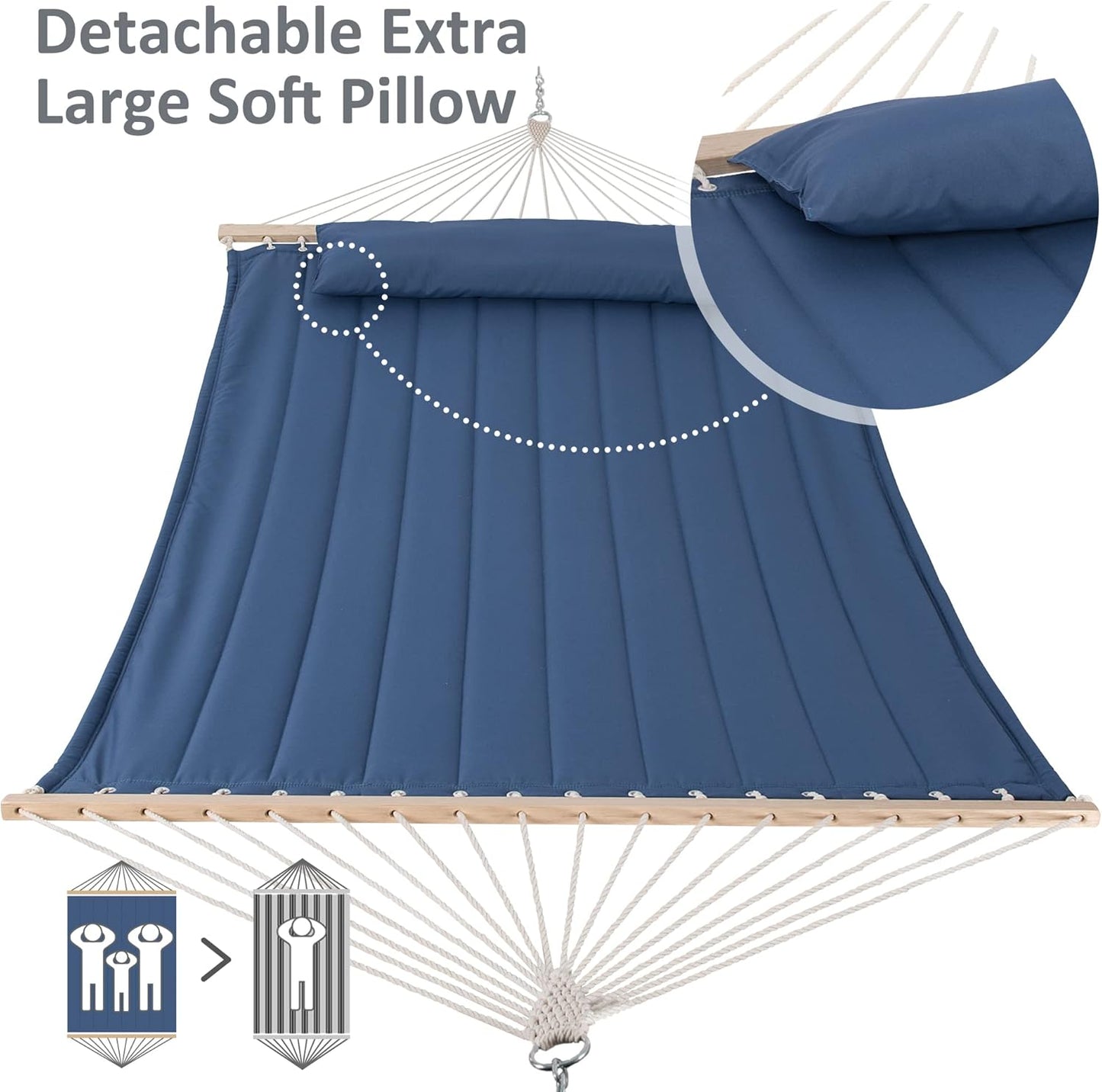SUNCREAT Double Outdoor Hammock with Hardwood Spreader Bar, Extra Large Pillow, 475 lbs Capacity, Heavy Duty 2 Person Hammock, Blue