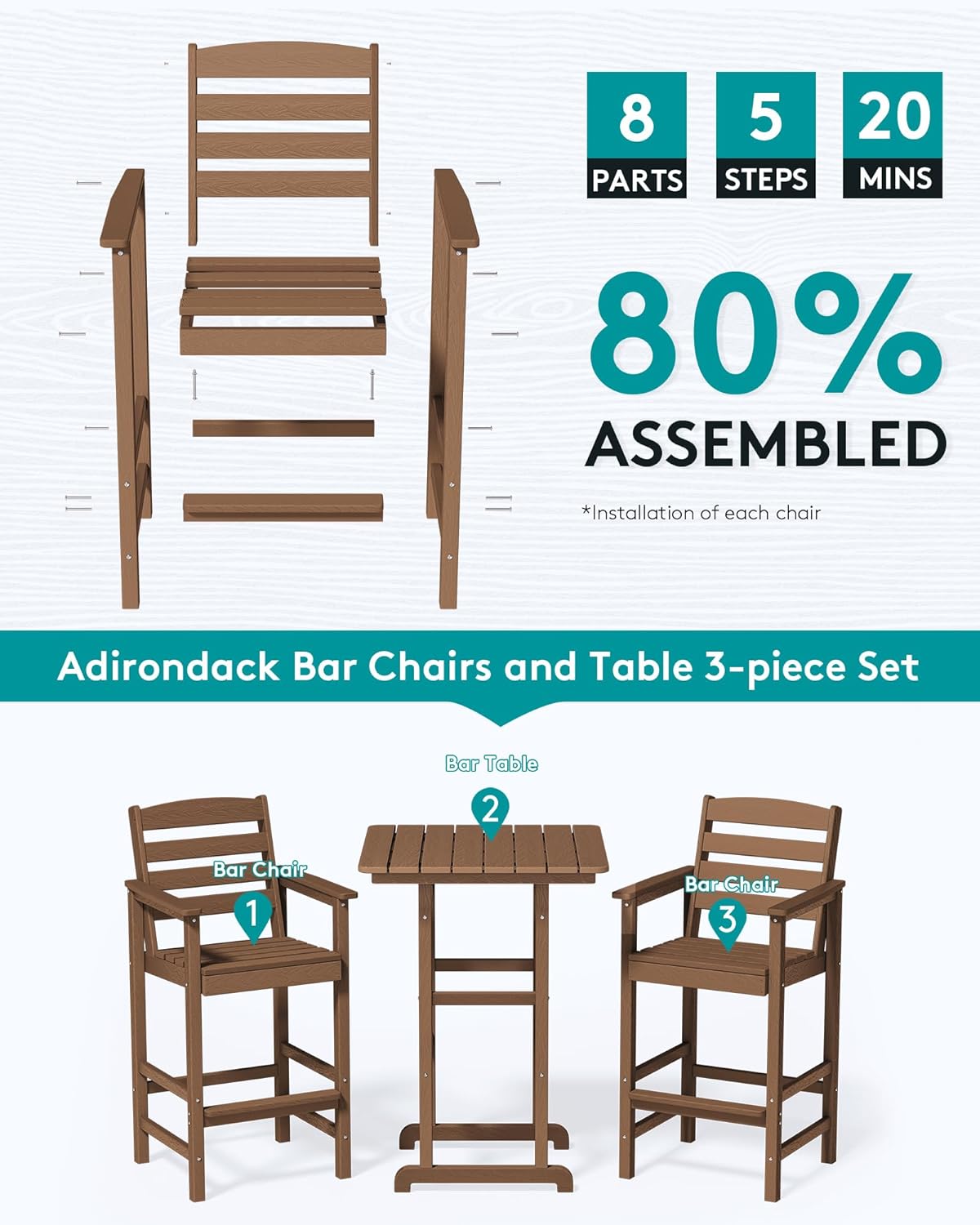 SERWALL Balcony Adirondack Chairs and Table 3 Pieces Set, Adirondack Bar Height Chairs Set of 2 and Bar Table, Outdoor Bar Stools Set for Bistro, Poolside, Backyard, Brown