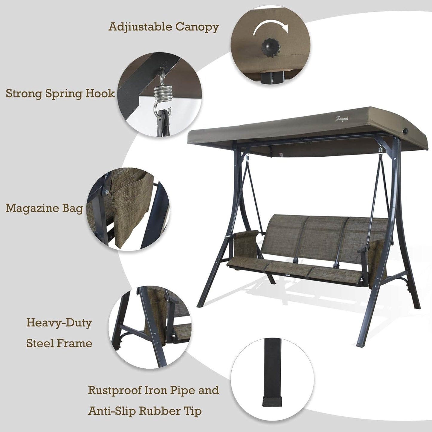 Kozyard Brenda 3-Seat Patio Swing Chair, Outdoor Porch Swing Glider with Adjustable Canopy, Side Pouches, Breathable Seat and Back, for Garden, Poolside, Backyard (Taupe)