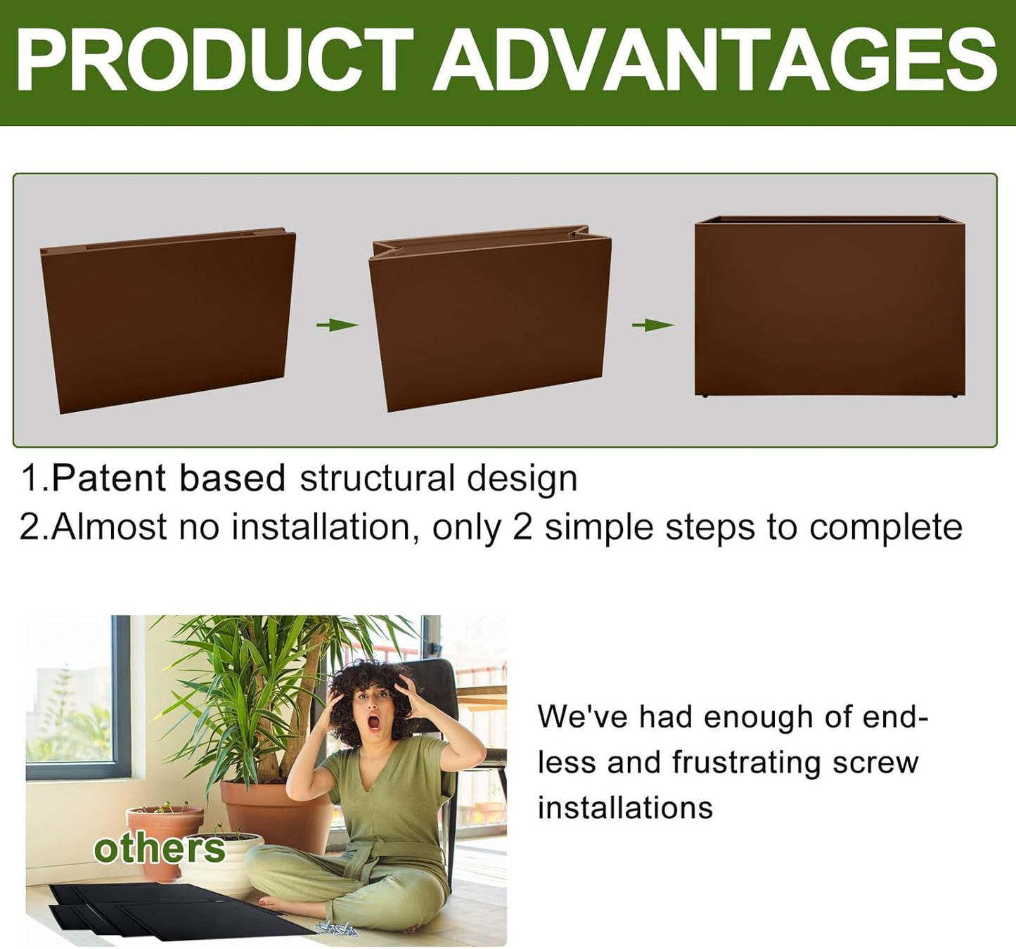 Galvanized Steel Planter Box-No Installation Required Metal Rectangular Block Long Box Planter Modern Outdoor Planters All-Weather Use with Drainage Holes for Patio/Porch, 36×24×12IN（Brown）