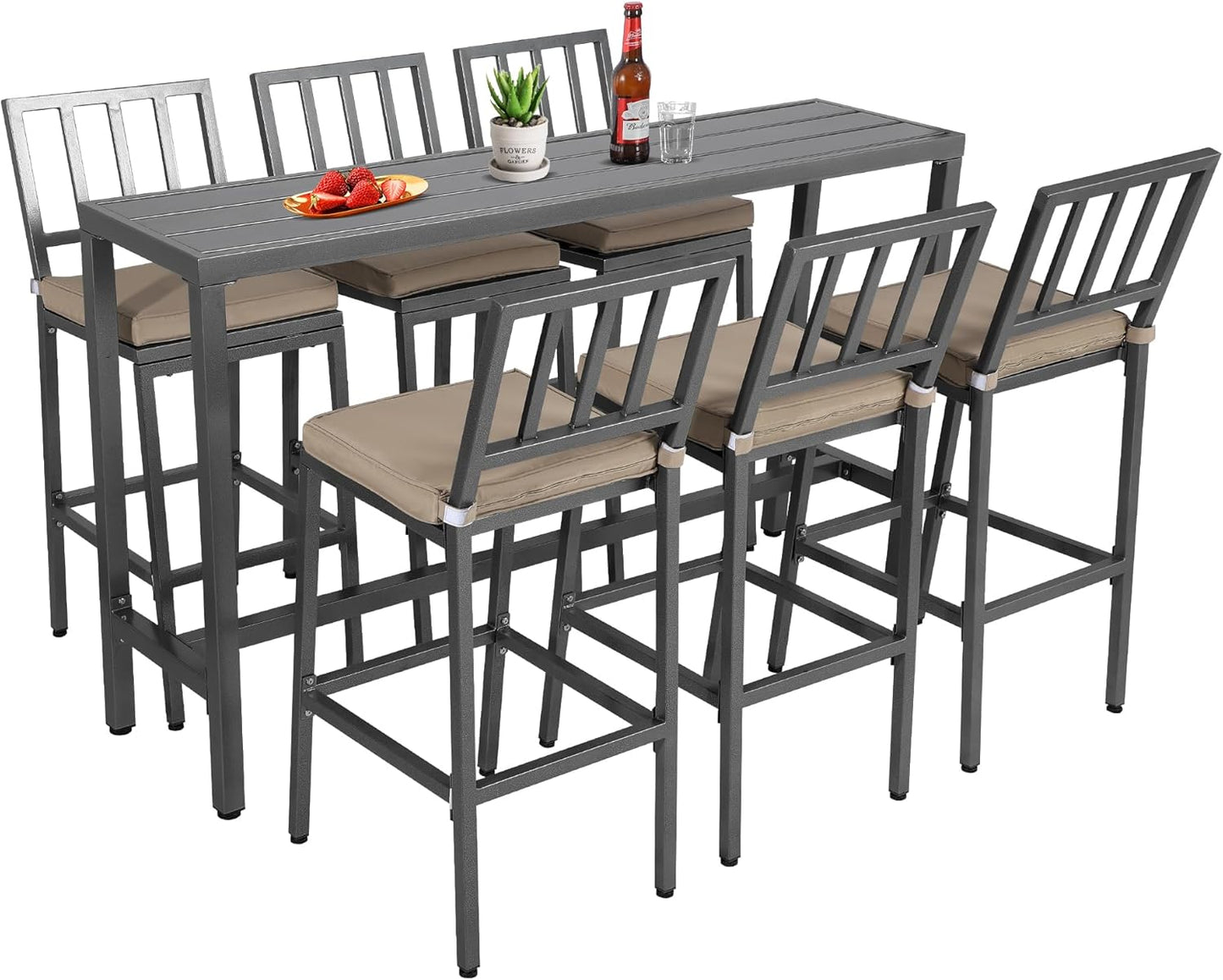Outdoor Patio Bar Set, Bar Height Patio Dining Set, Weather-Resistant Bistro Counter Pub Set with Cushions & Slatted Tabletop for Backyard (Gray, 63" Table, 6 "I Style Stool)