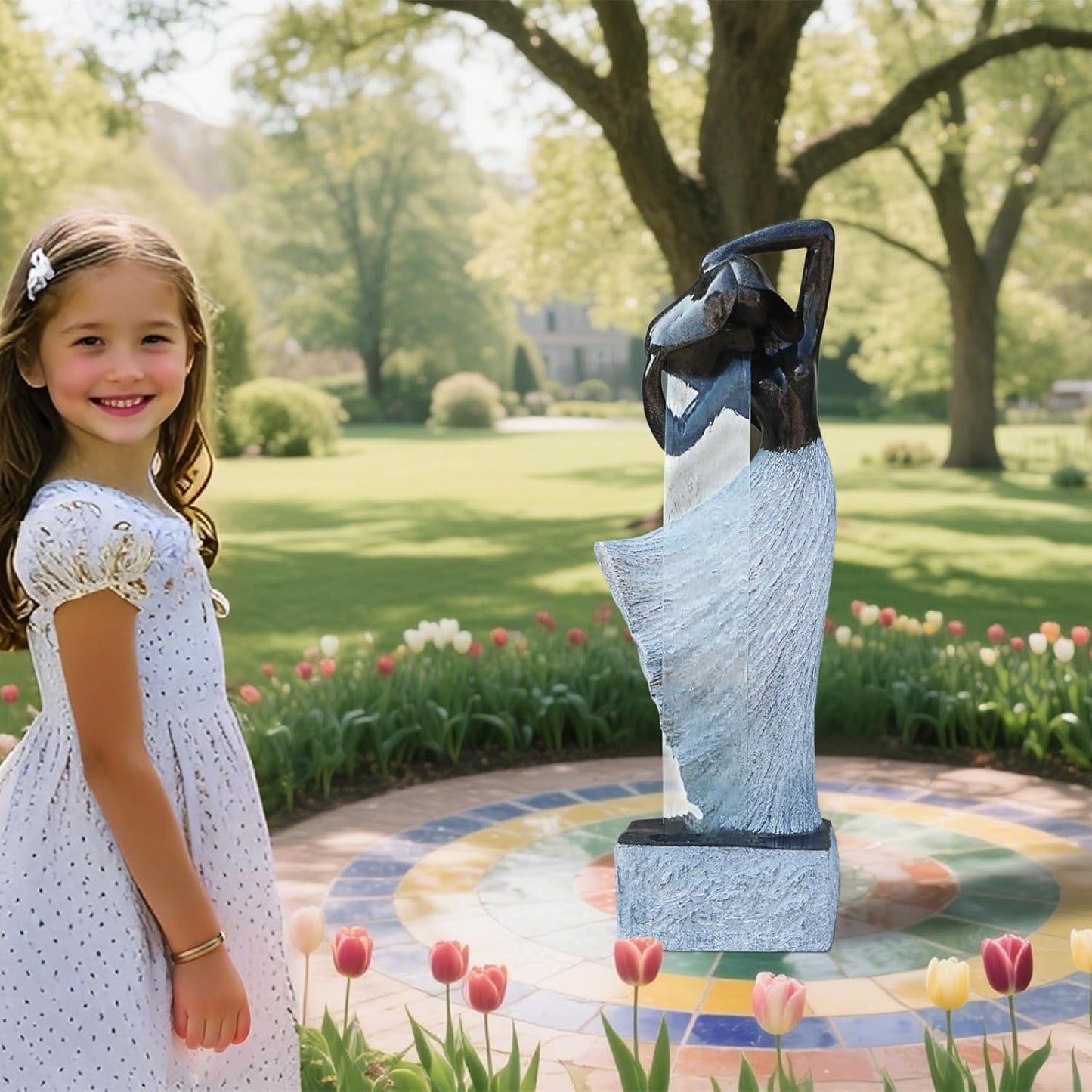 Modern Waterfalling Fountain Outdoor Indoor Zen Garden Water Features in Cast Stone Color for Courtyard/Lawn/Patio/Lobby/Backyard 46" Height