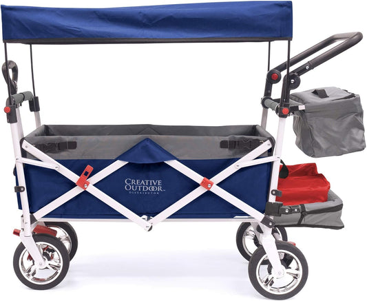 Creative Outdoor Push Pull Stroller Wagon for Kids,150lbs Weight Capacity, Collapsible Folding Cart with Canopy, Silver Series Plus, Beach, Park, Garden & Tailgate (Navy Blue)