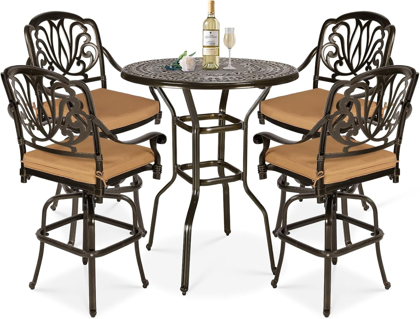 5 Pieces Patio Swivel Bar Set, Patio Bar Table and Chairs Set, All-Weather Cast Aluminum Outdoor Swivel Bar Stools of 4 and 38.5" Bar Height Table, High Top Bistro Set for Deck, Pool, Garden