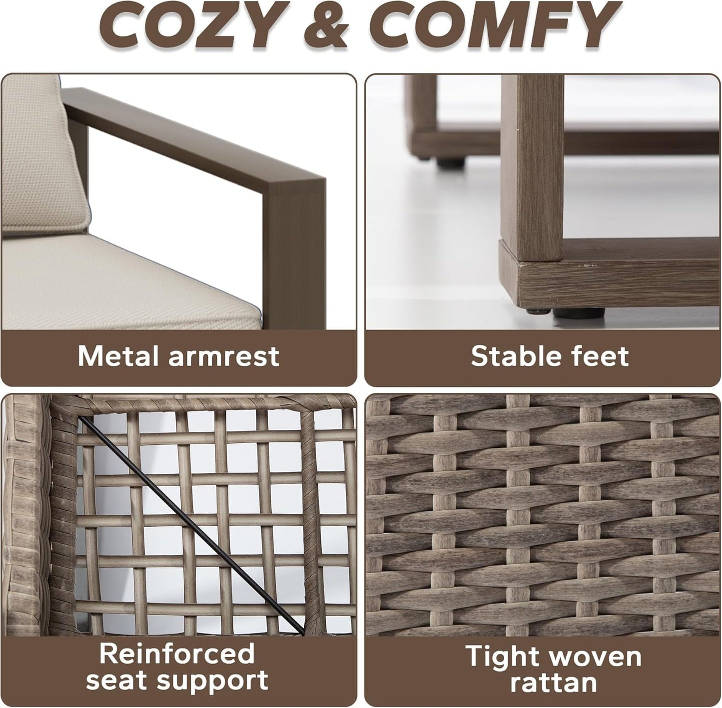 Patio Metal Wicker Chairs Set of 2, All Weather Outdoor Rattan Dining Chairs with Rectangular Framed Wood-Looking Metal Armrest & Fade-Resistant Cushions for Deck Balcony Backyard, Beige