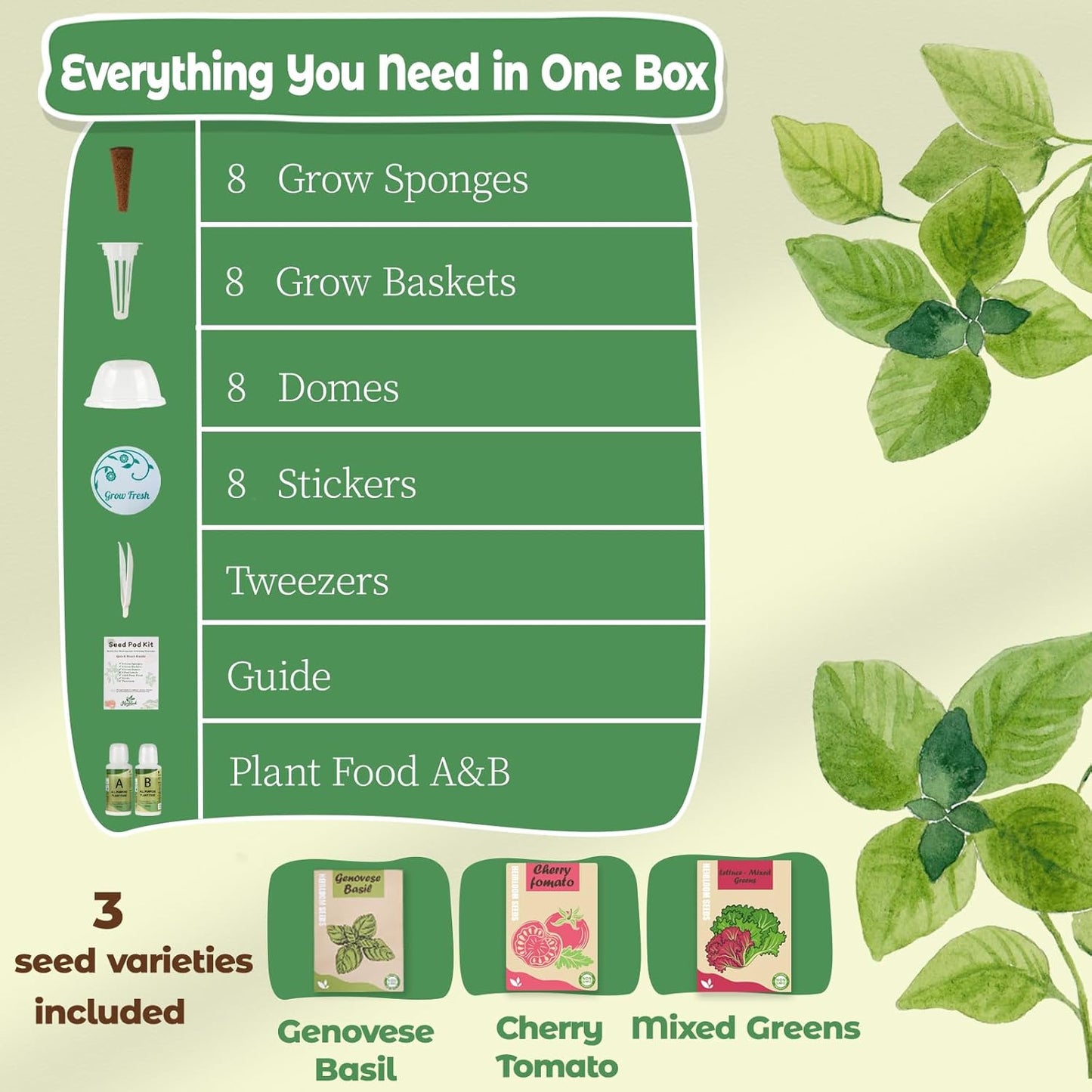 Herb & Salad Seed Pods Kit - Hydroponic Refill Pod for All Indoor Garden, 8 Grow Pods with Seeds of Genovese Basil, Cherry Tomato and Mixed Greens, Compatible with All Hydroponics Growing Systems