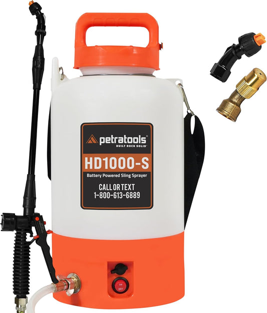 PetraTools Battery Powered Sprayer 1 Gallon - HD1000-S - Heavy Duty Electric Sprayer for Lawn and Garden Weed/Pest Control, Watering - with Battery, Charger & 2 Nozzles (1 Gallon)