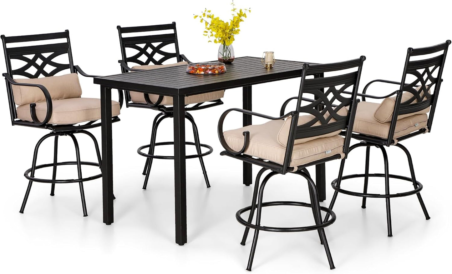 PHI VILLA 5 Piece Patio Bar Set,Outdoor Bar Table and Chairs Set, Strong and Heavy Duty Outdoor Bar Set with Cushion and Pillow，4PC Swivel Bar Stools with Rectangular Bar Height Table