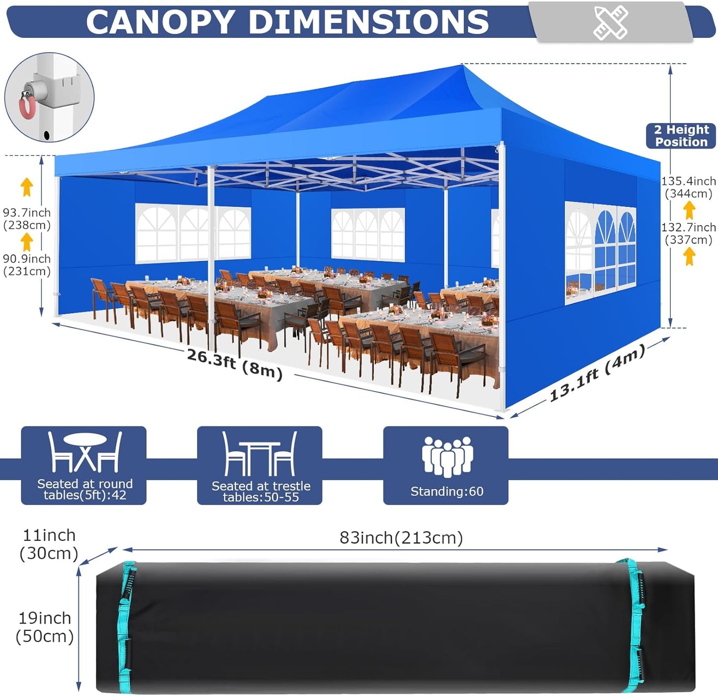 COBIZI 13x26 Pop up Canopy Heavy Duty with 6 Sidewalls, Easy Set-up Commercial Outdoor Party Canopy, 100% Waterproof Wedding Gazebo, 2 Height Adjustable with Wheeled Bag,Blue