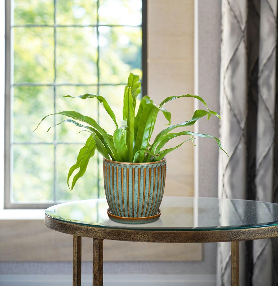 Oairse Ceramic Pots for Indoor Plants, 4.9 + 5.7 Inch Set of 2 Bluish Grey With Drainage Holes and Saucers, Texture Planters for Succulent, Indoor Outdoor Flower