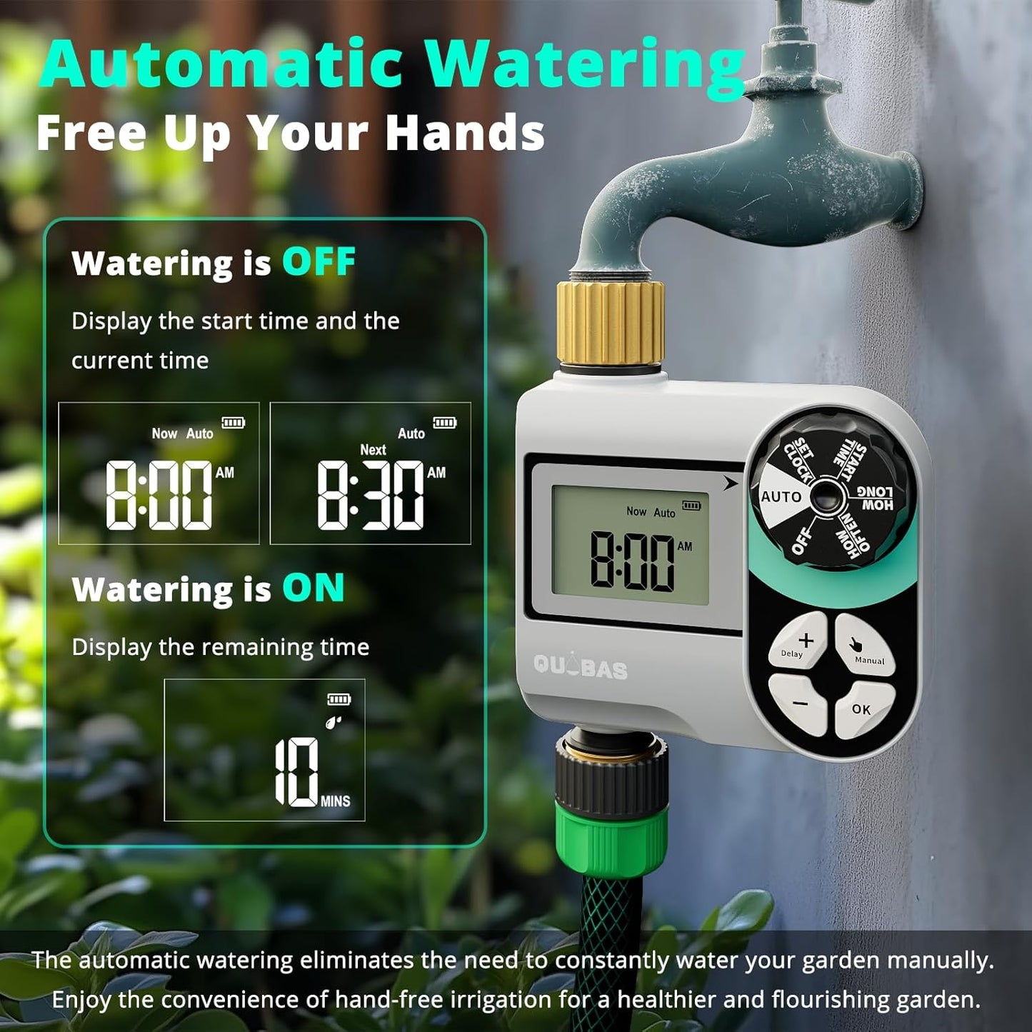 QUOBAS Sprinkler Timer, Programmable Hose Timers with Brass Inlet & Outlet, Water Timer for Garden Hose with Rain Delay/Automatic/Manual Watering System, Digital Drip Irrigation Timers for Yard, Lawn