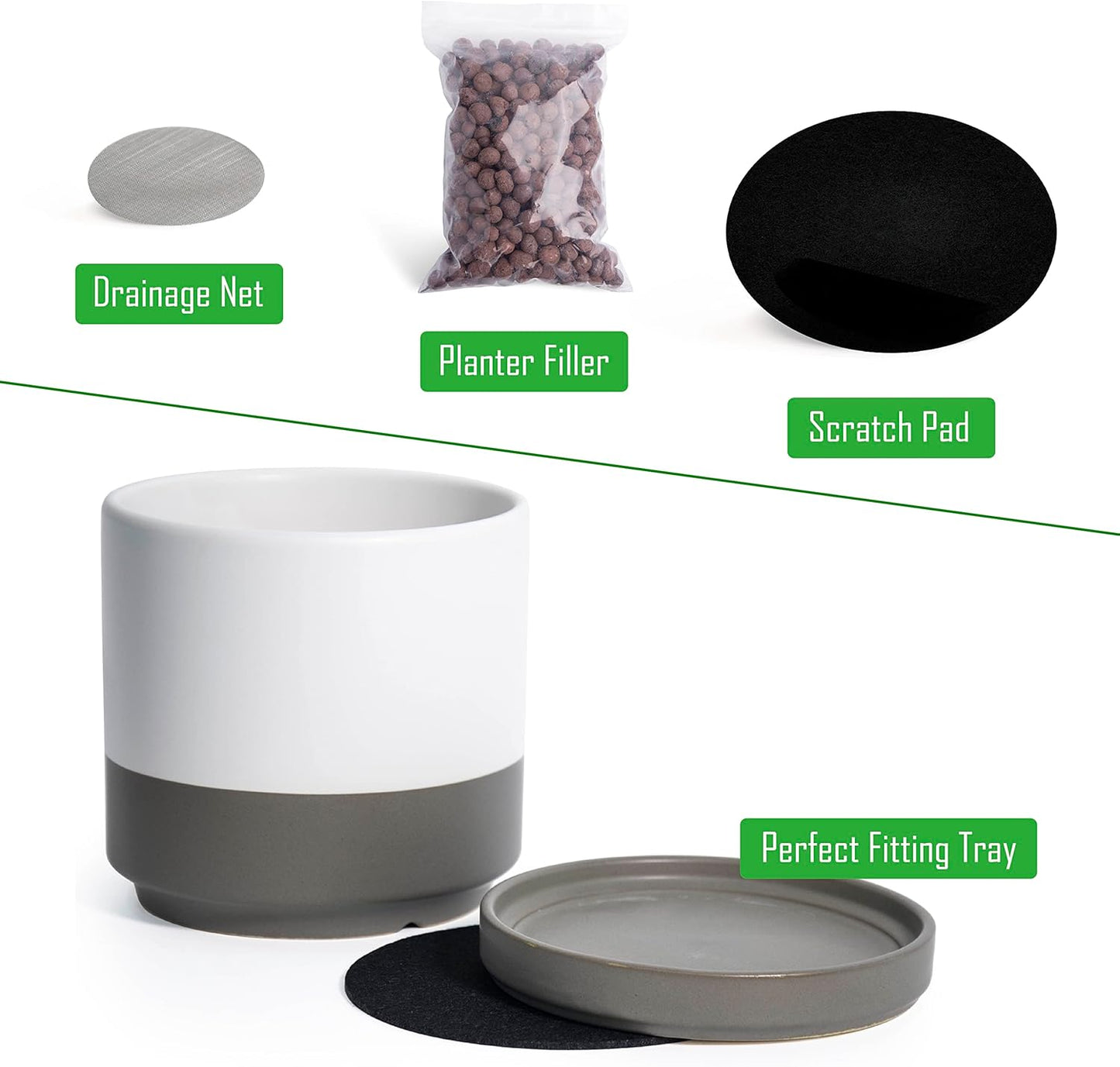 D'vine Dev 6 Inch & 8 Inch Ceramic Planter Pots for Plants with Drainage Hole and Saucer, Medium Plant Pots Set, White/Speckled Grey, 94-G-M-6