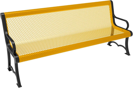 Heavy-Duty Outdoor Bench Thermoplastic Coated, Expanded Metal, Commercial-Grade Garden Bench, Made in America (Portable with Back, 6 Ft, Textured Yellow)