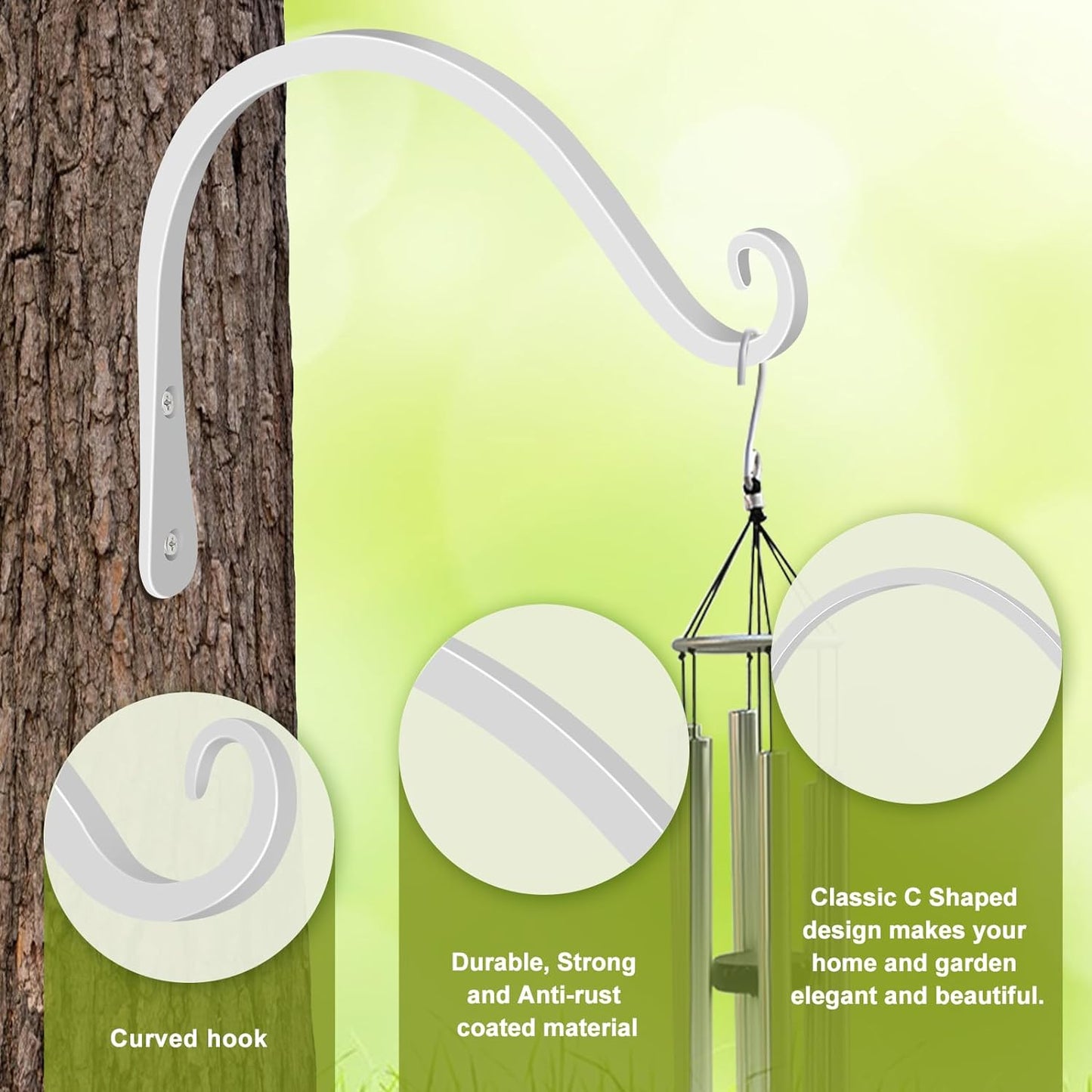 FEED GARDEN Iron Wall Hooks Decorative Metal Curved Plant Hanger Hooks, Indoor/Outdoor Use for Hanging Bird Feeders, Wind Chimes, Flower Baskets, Yoga Mat, (White, 8 Inch 2 Pack)