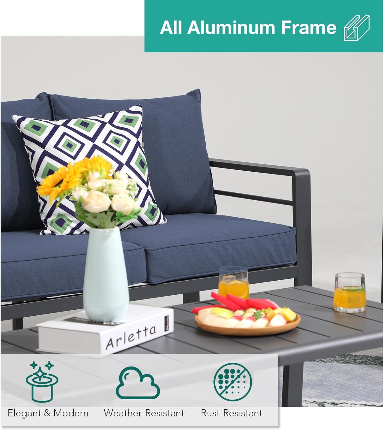 Patiorama Aluminum Patio Furniture Set, 4 PCS Modern Patio Conversation Set, All Weather Dark Grey Outdoor Sectional Sofa Set w/Table, 3-Seater Sofa, Superior Olefin Cushion, Garden-Blue Cushion