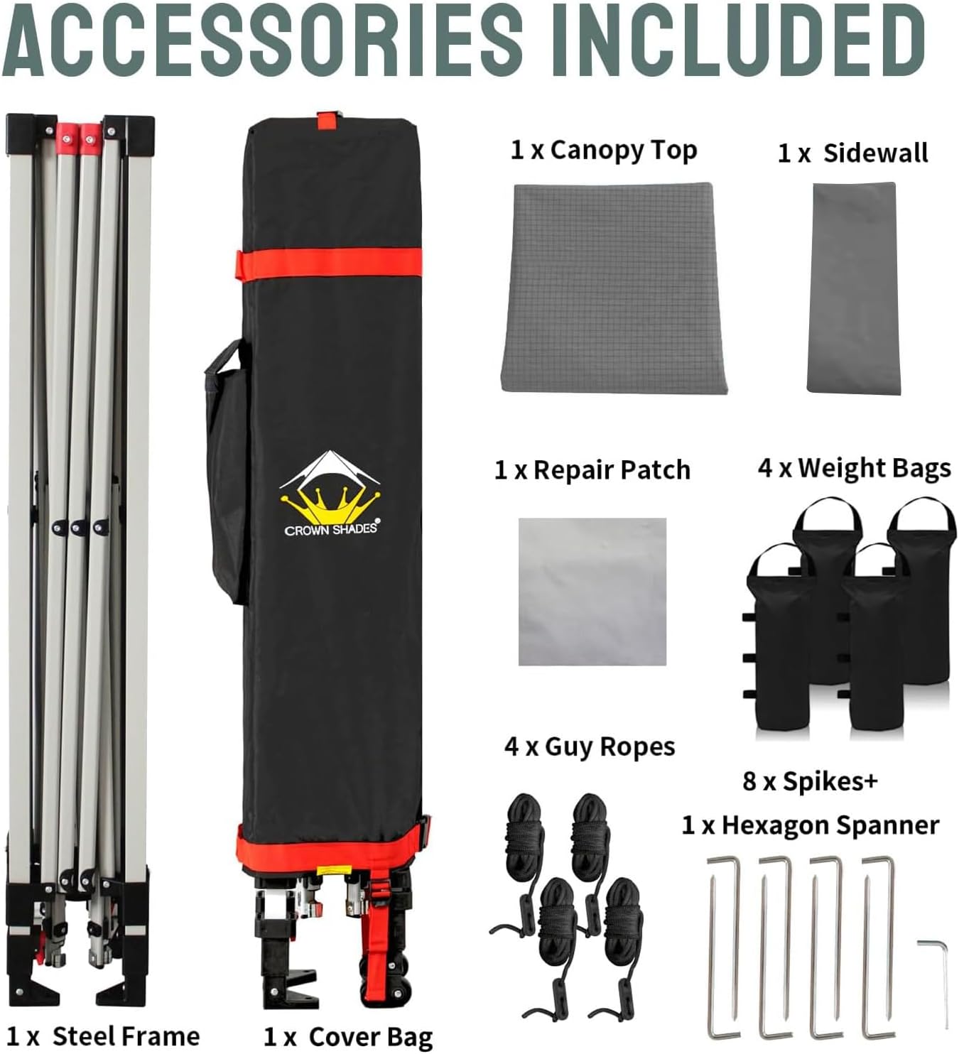 CROWN SHADES 12x12 Pop Up Canopy Tent Instant Commercial with 150D Silver Coated Fabric Including 1 Removable Sidewall, 4 Ropes, 8 Stakes, Weight Bags, STO 'N Go Bag, Grid Grey