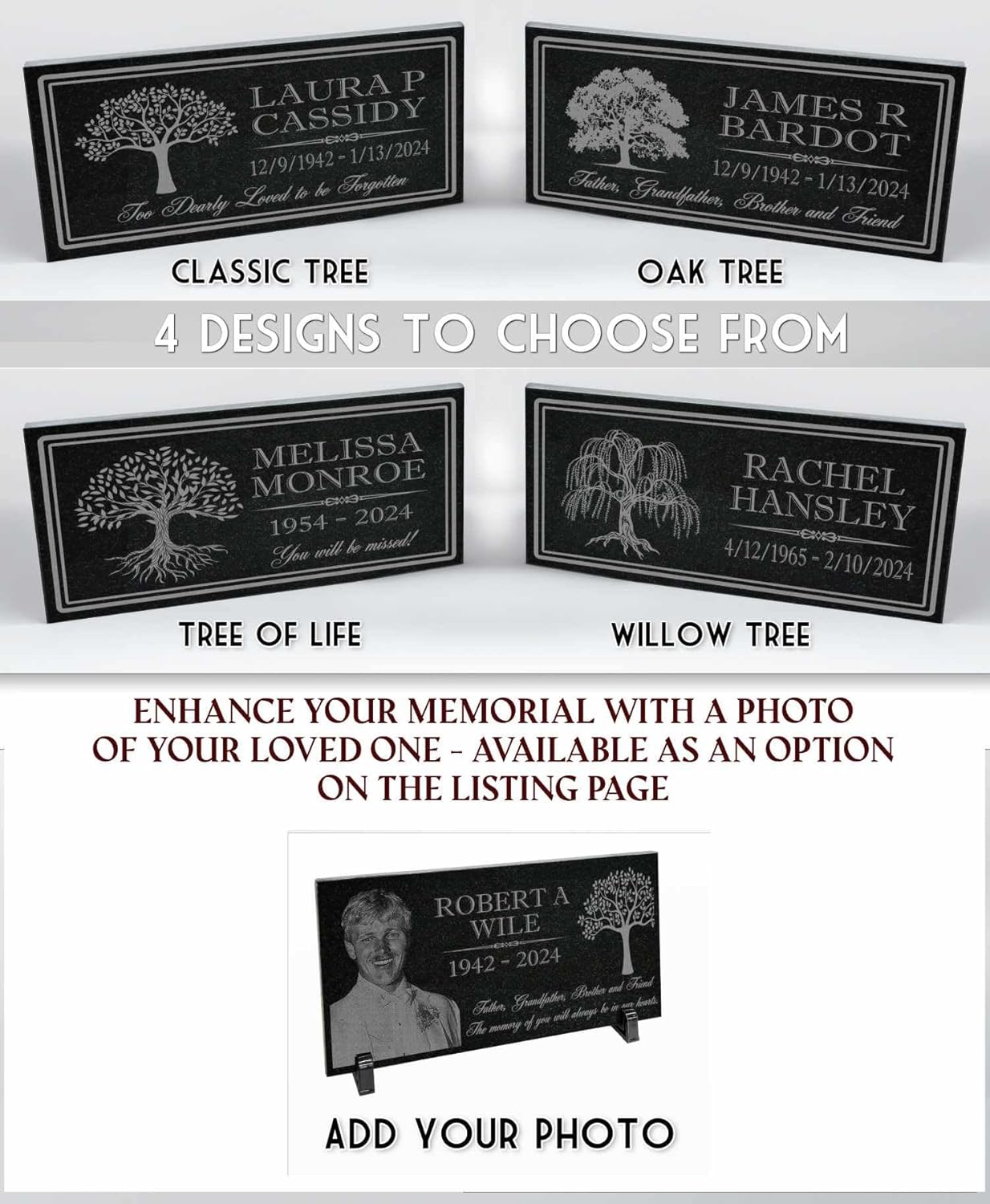 in Loving Memory Photo Tree of Life Personalized Granite Memorial Stone Sympathy Remembrance of Dad Mom Child (Granite-Tree-Pers, Garden 12"x6"x3/8")