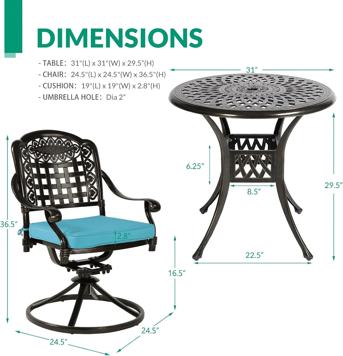VIVIJASON 3-Piece Patio Bistro Set, Outdoor All-Weather Cast Aluminum Furniture Dining Set, Include 2 Swivel Chairs and 31" Round Table w/Umbrella Hole for Balcony, Lawn, Garden (Ocean Blue Cushion)