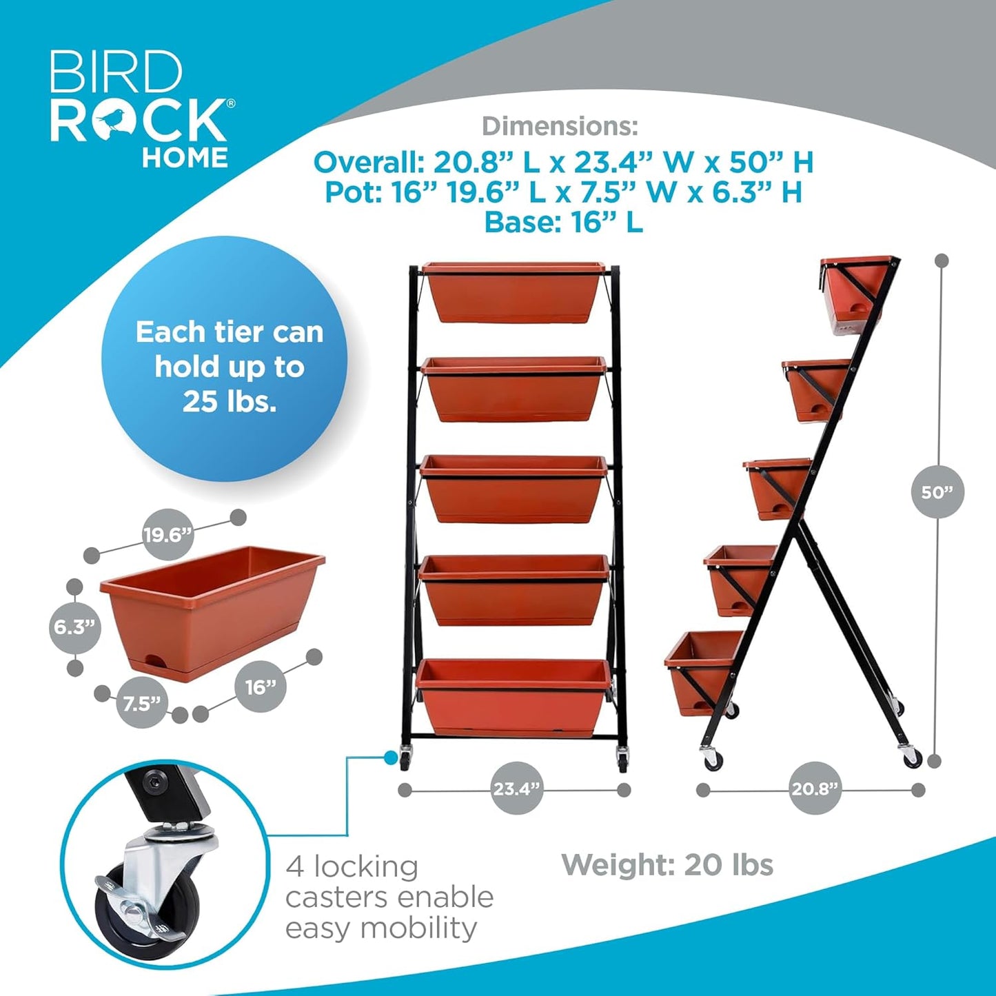 BIRDROCK HOME 5-Tier Vertical Garden Planter Bed - Raised Flower Stand - Rolling Plant Tower - Weather Resistant Box - Indoor or Outdoor - Herbs Flowers Berry’s Vegetables - Metal