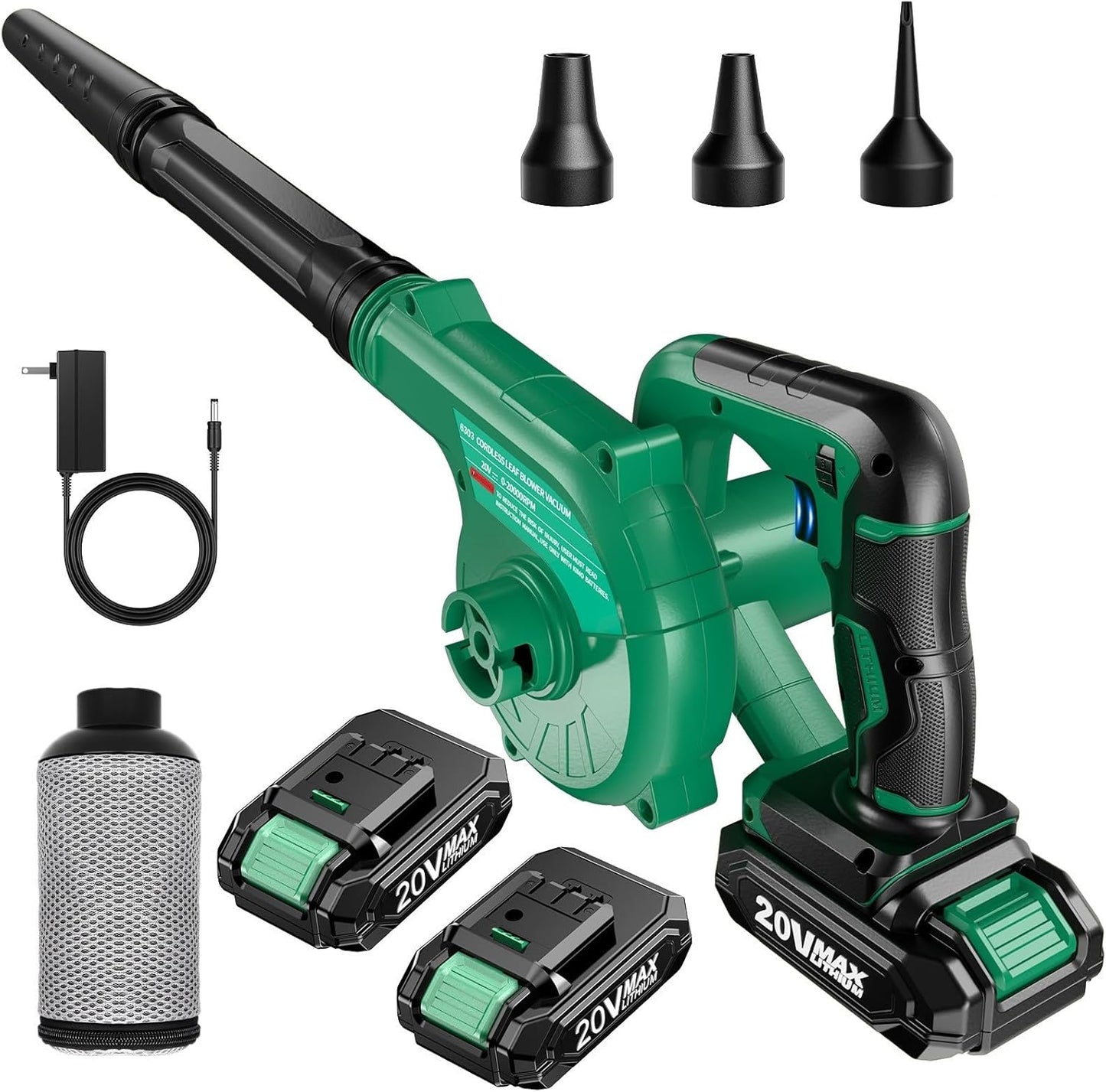 K I M O. Cordless Leaf Blower Vacuum Combo, 3 Nozzles&3 Modes for Inflation & Deflation, 20000RPM 150MPH Variable High Speed, 20Inch Extended Tube, 2 Pack 20V Battery Powered Leaf Blower for Lawn Care