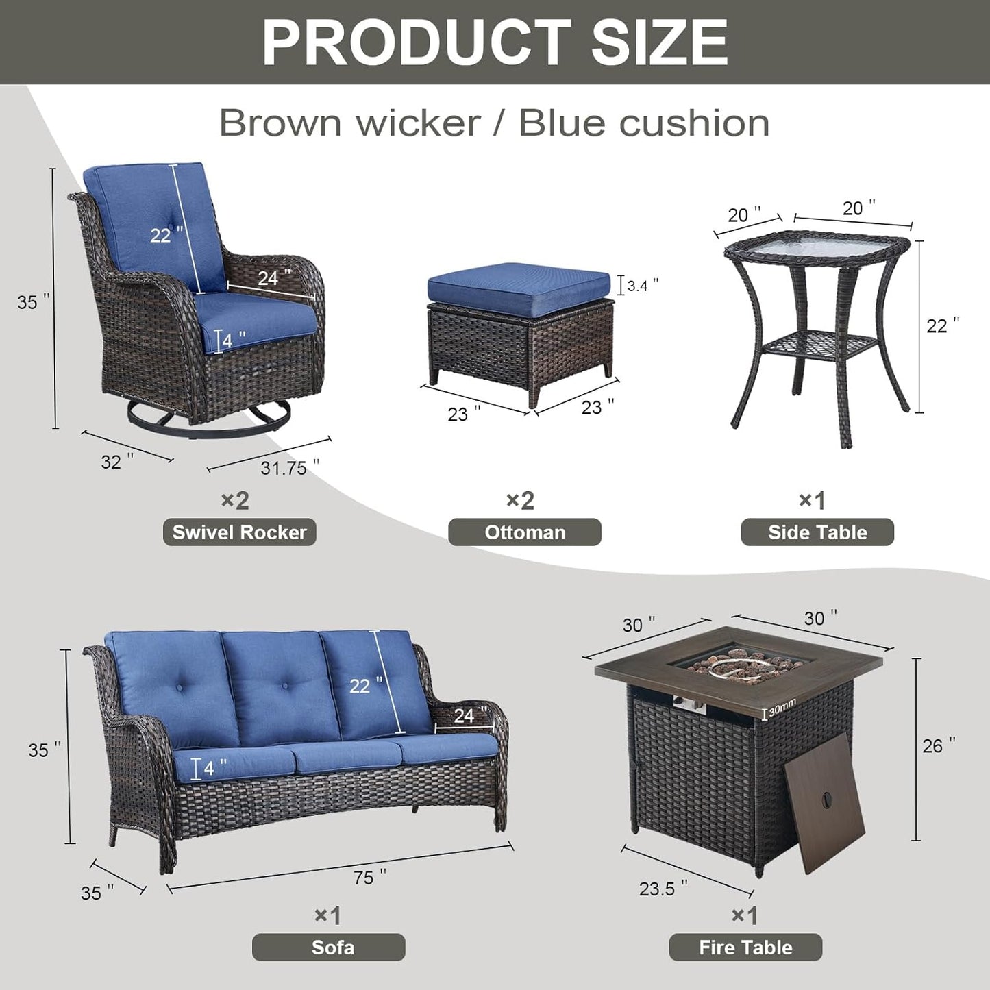 Outdoor Patio Furniture Set with 50000BTU Propane Fire Pit Table, 7 Pieces Wicker Patio Conversation Set with 2 Swivel Glider Rocker Chairs Rattan Sofa Blue Cushion Perfect for Casual Gathering