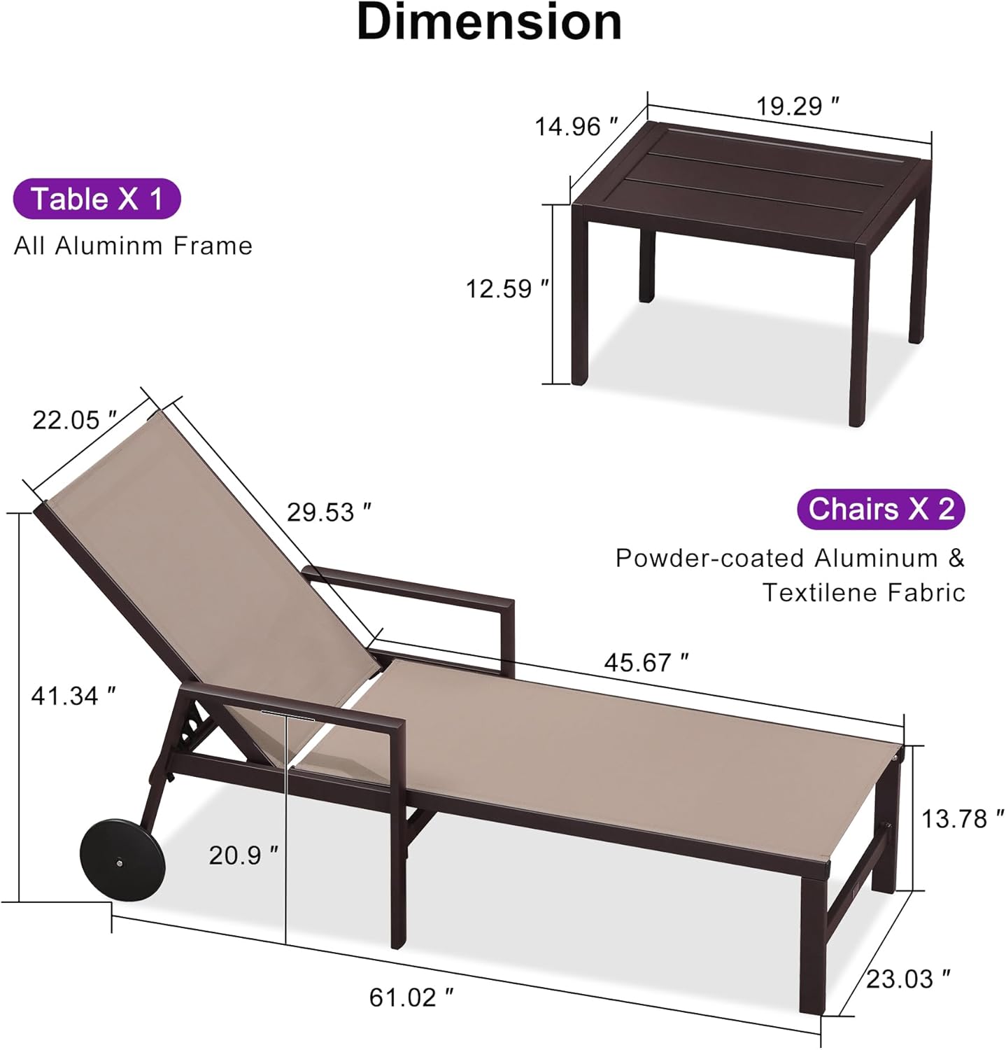 PURPLE LEAF Pool Lounge Chairs Set of 3 Aluminum Outdoor Lounge Chairs with Wheels and Armrests Adjustable Patio for Deck Outside Lawn Garden, Taupe