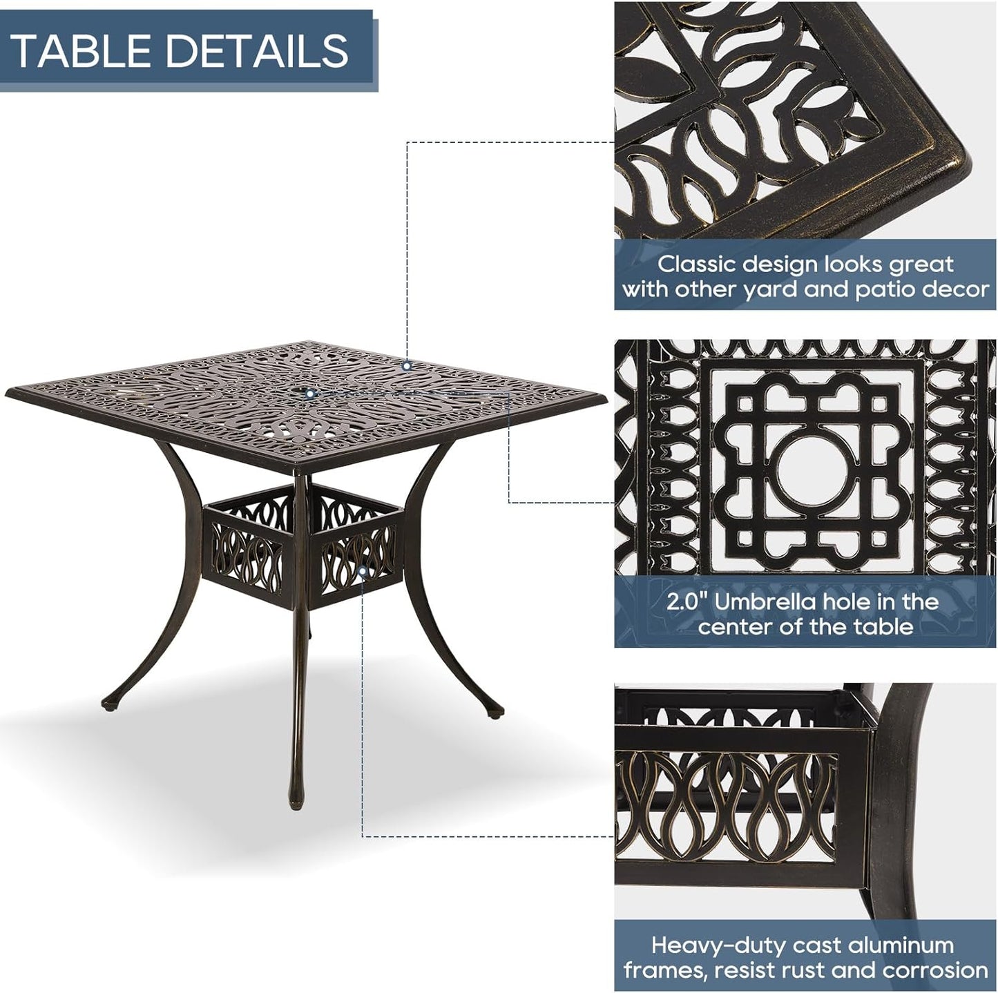 Cast Aluminum Outdoor Patio Dining Set, All Weather Outdoor Furniture Dining Set for Patio, Balcony, Lawn, Garden, Backyard (1 Square Table+ 4 Dining Chairs)